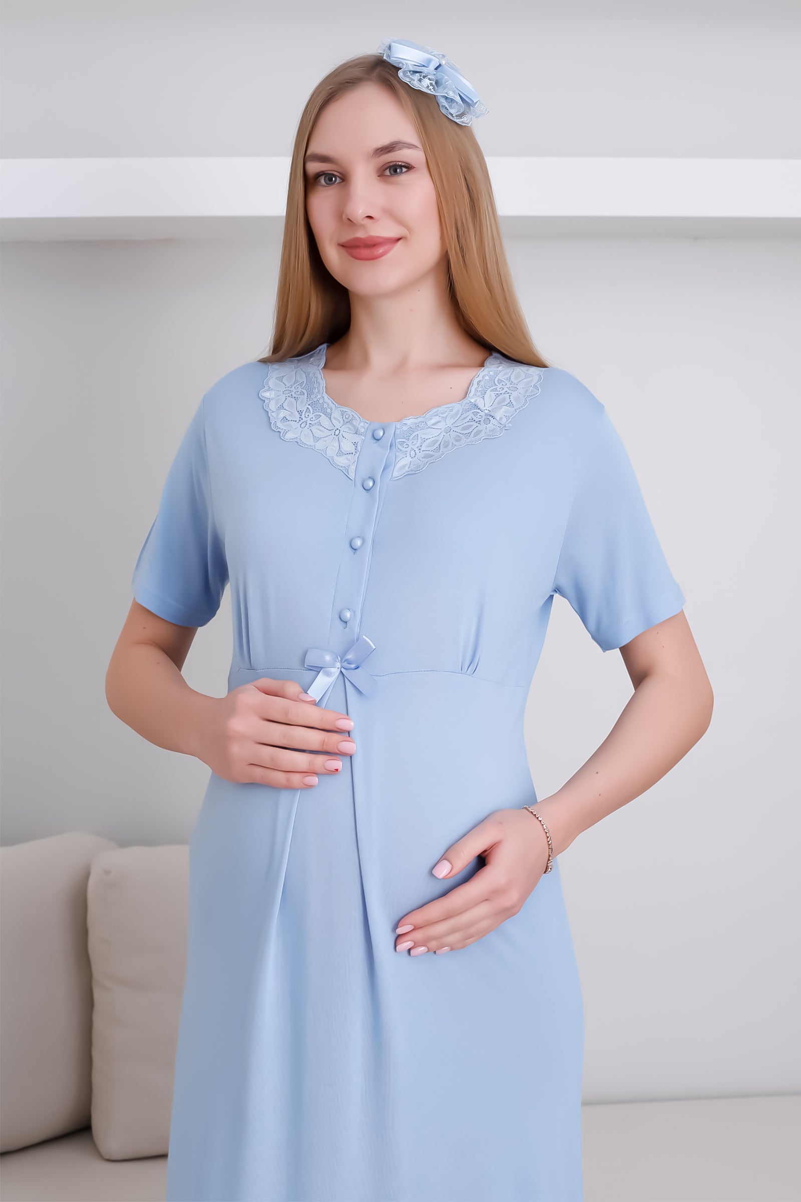 Dantelli V Yaka Hamile & Lohusa Gecelik ve Sabahlık Takım - 2292