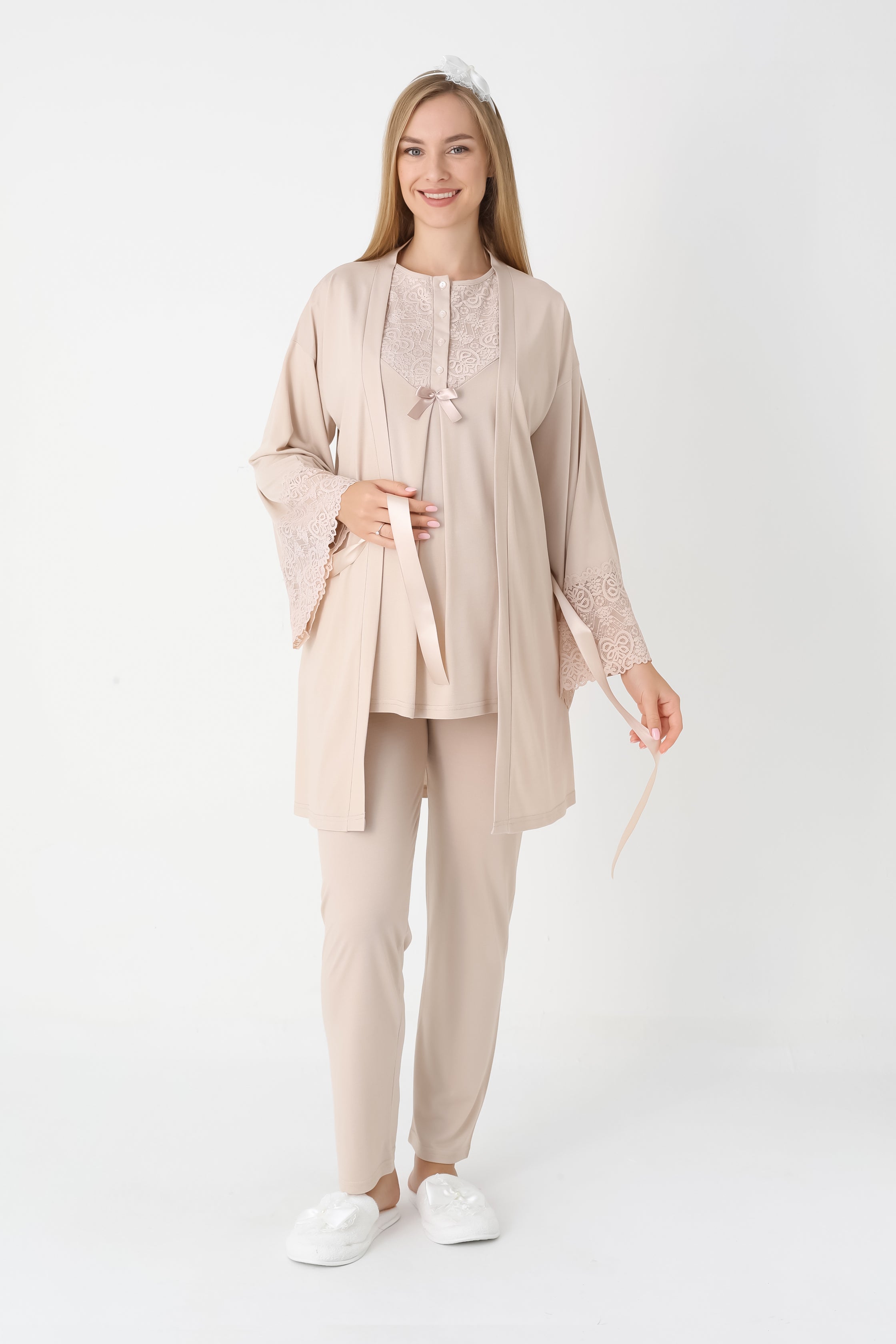 Dantel Detaylı 3'lü Lohusa Hamile Pijama ve Sabahlık Takımı - Nar Çiçeği & Bej - 3449