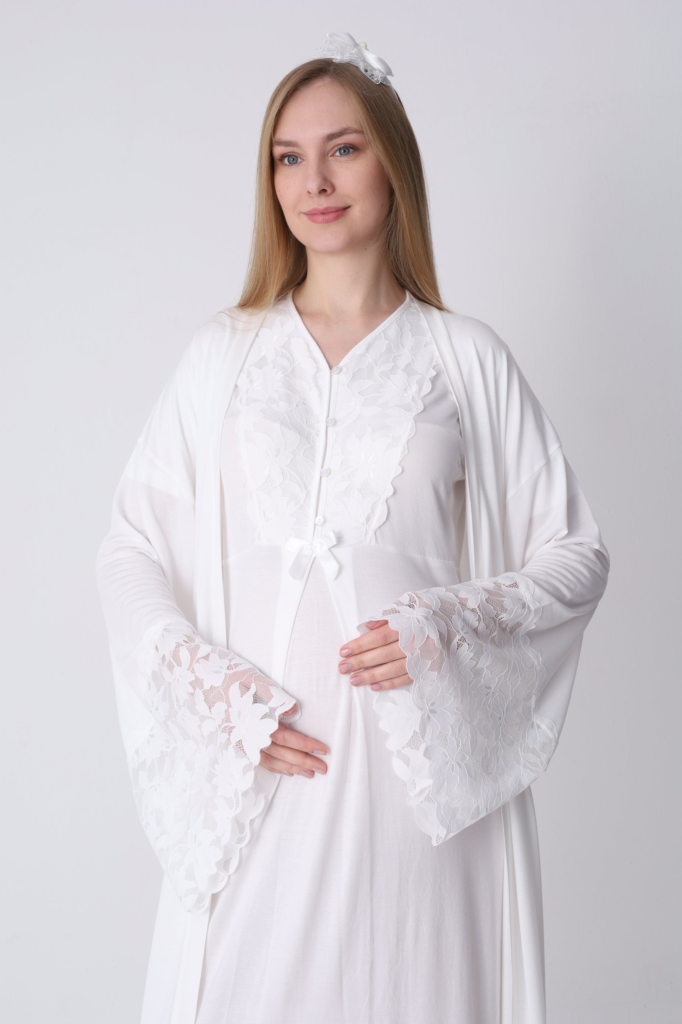 Hamile Gecelik ve Sabahlık Takımı – Lohusa Seti, Geniş Dantel Kollu Pamuklu - 2325