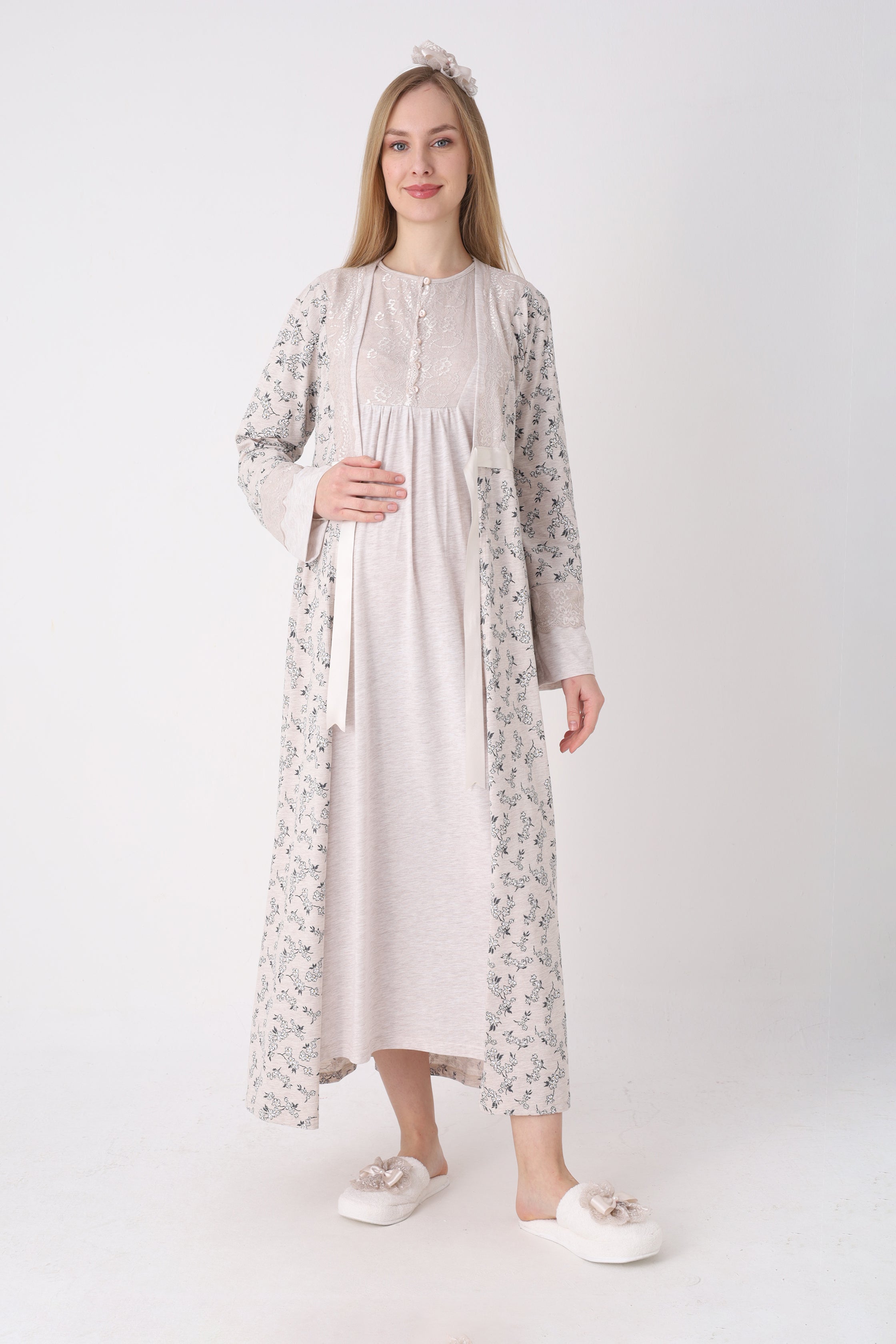 Çiçek Desenli Sabahlıklı Dantel Yakalı Lohusa Gecelik Takımı - 2327