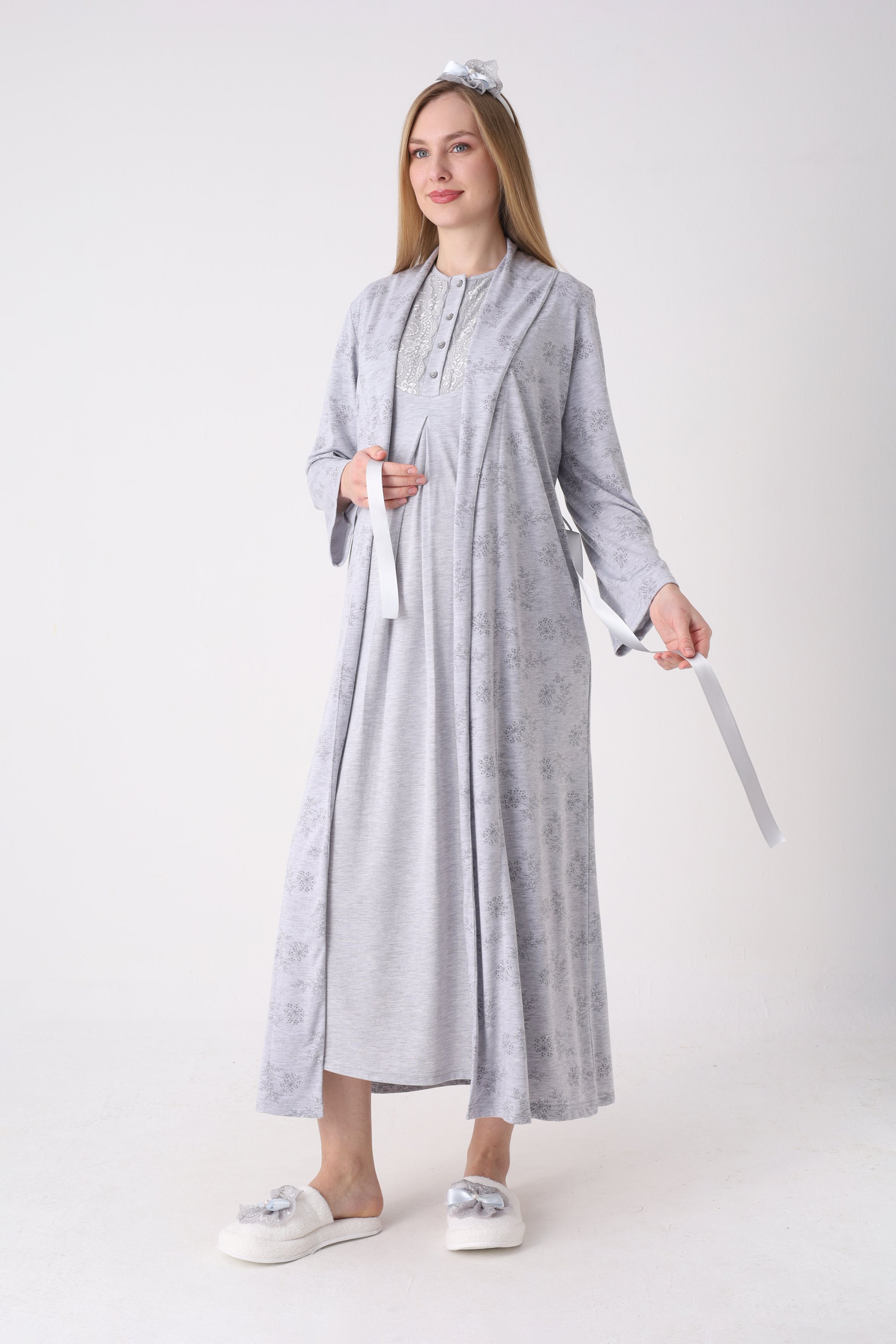 Dantelli Melanj Dokulu Hamile Lohusa Gecelik Sabahlık 2'li Takım - 2328