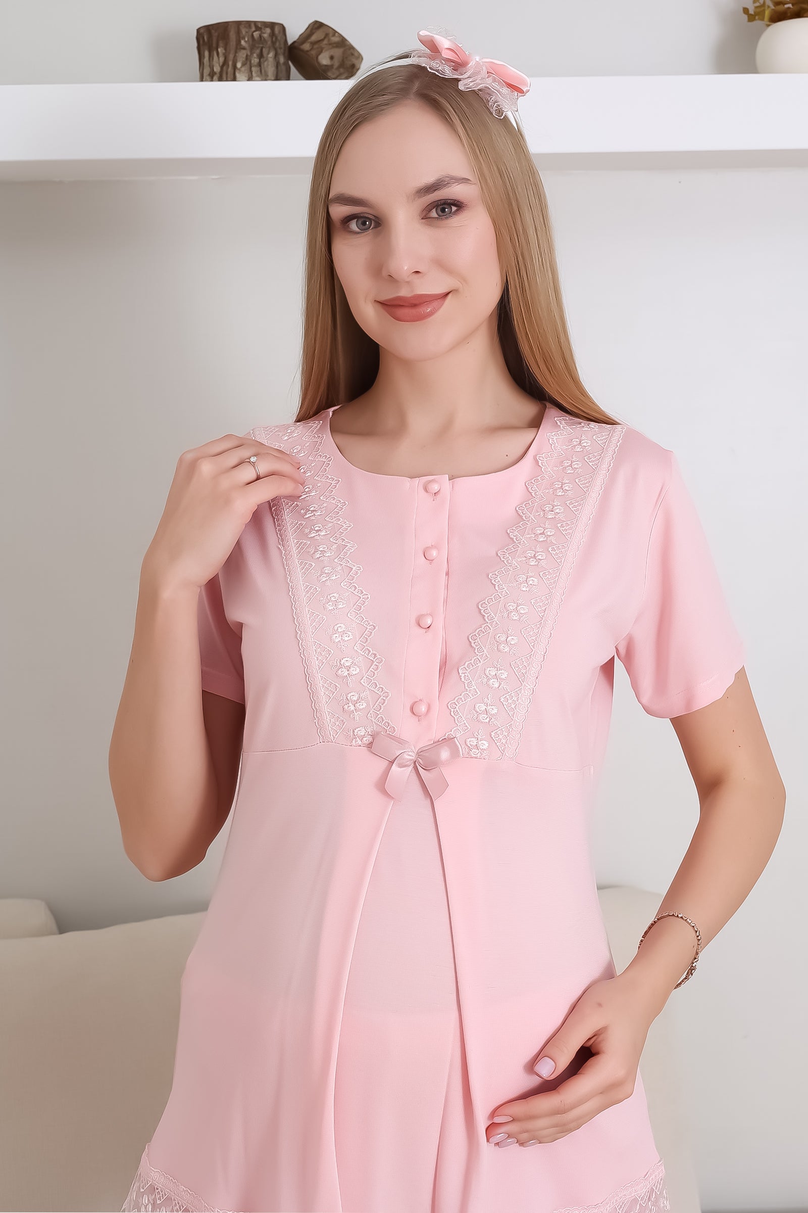 Hamile Pijama Takımı Düğmeli Dantel Şeritli Emzirme / Tesettür İçin Uygun - 3430