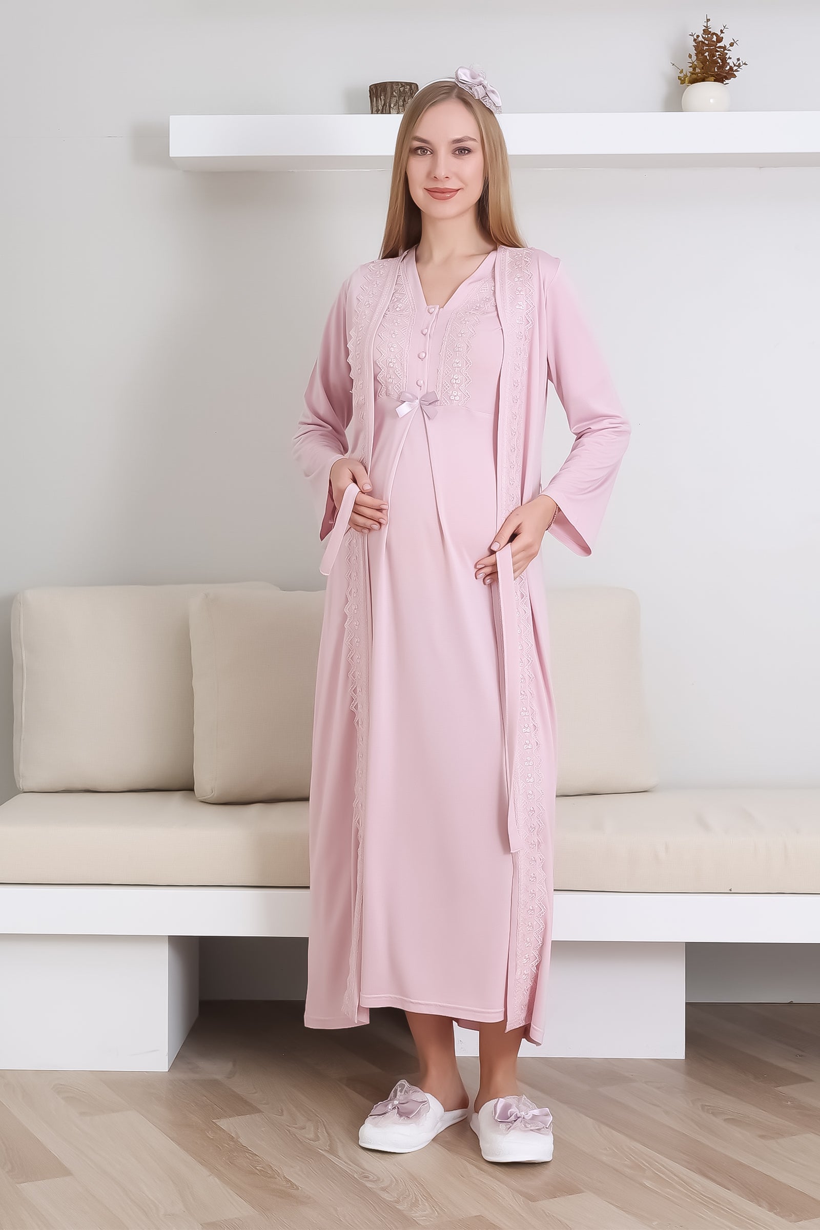 Hamile Gecelik Takımı Sabahlıklı V yakalı Dantel Detaylı 2'li Önü Düğmeli - 2290