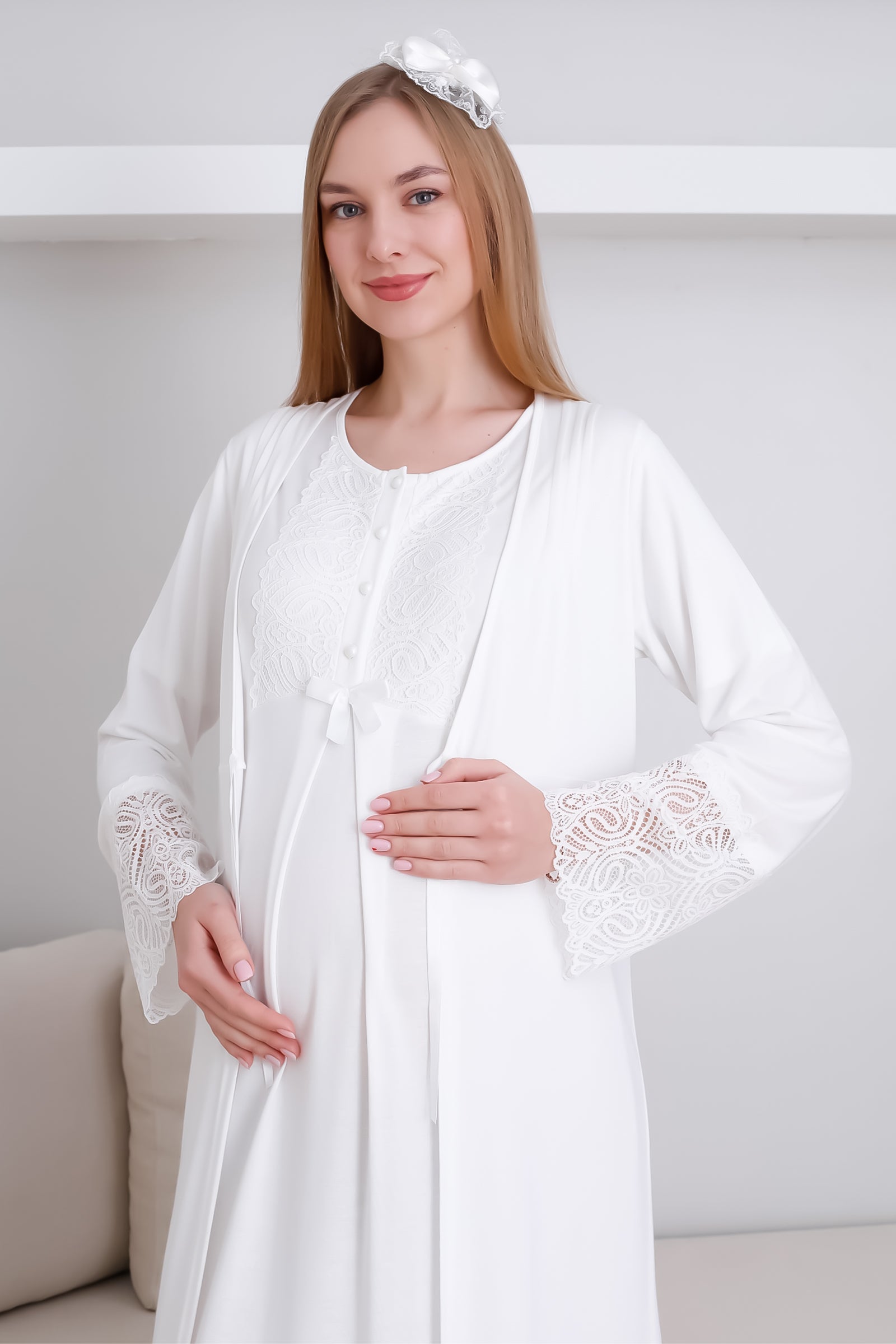 Hamile Kısa Kol Gecelik & Sabahlık Takım / Dantel ve Düğmeli Hamile Giyim - 2291