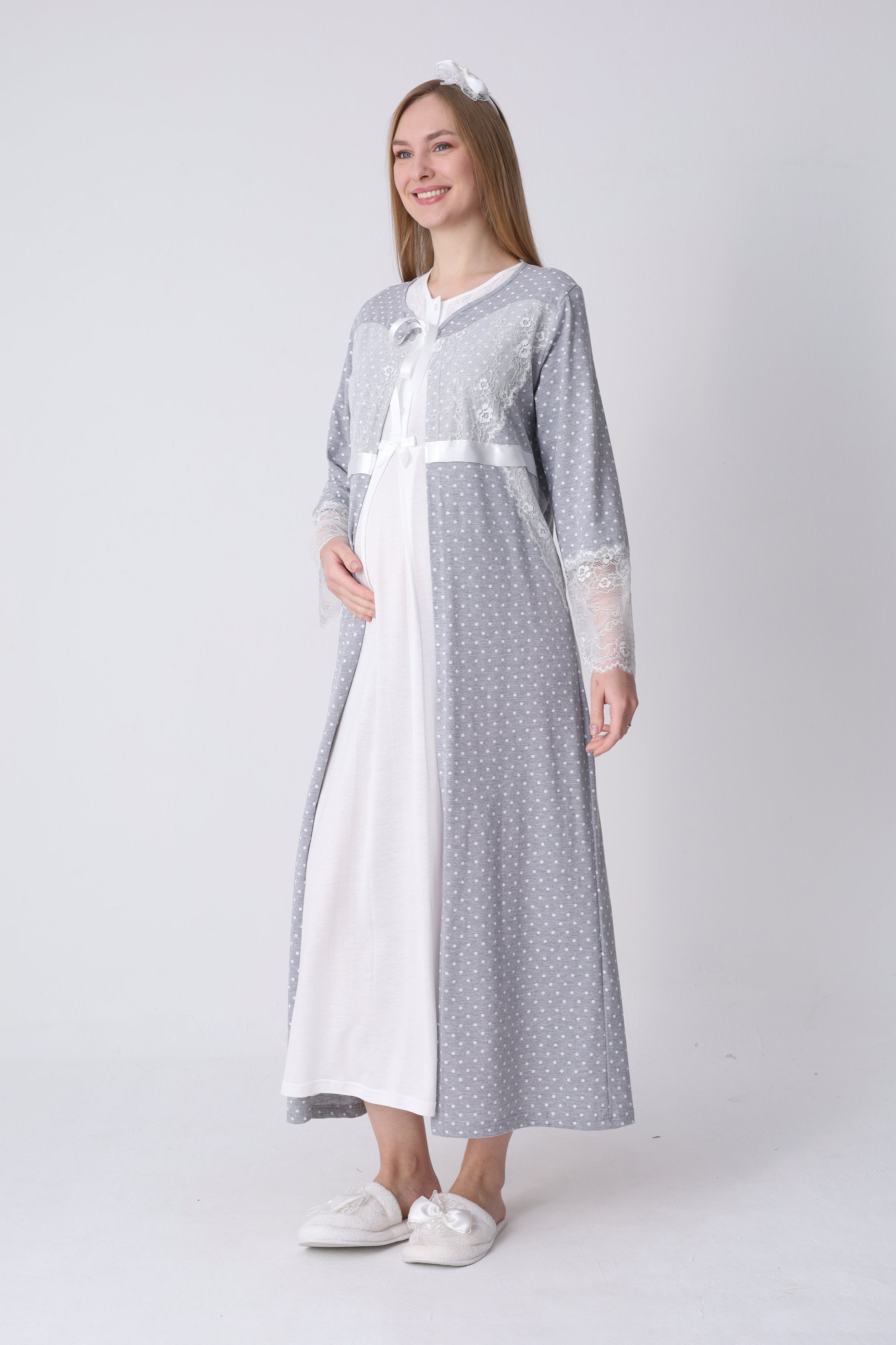 Hamile Gecelik ve Sabahlık Takımı – Lohusa Gecelik Seti, Puantiyeli Dantel Detaylı Pamuk Viskon - 2323