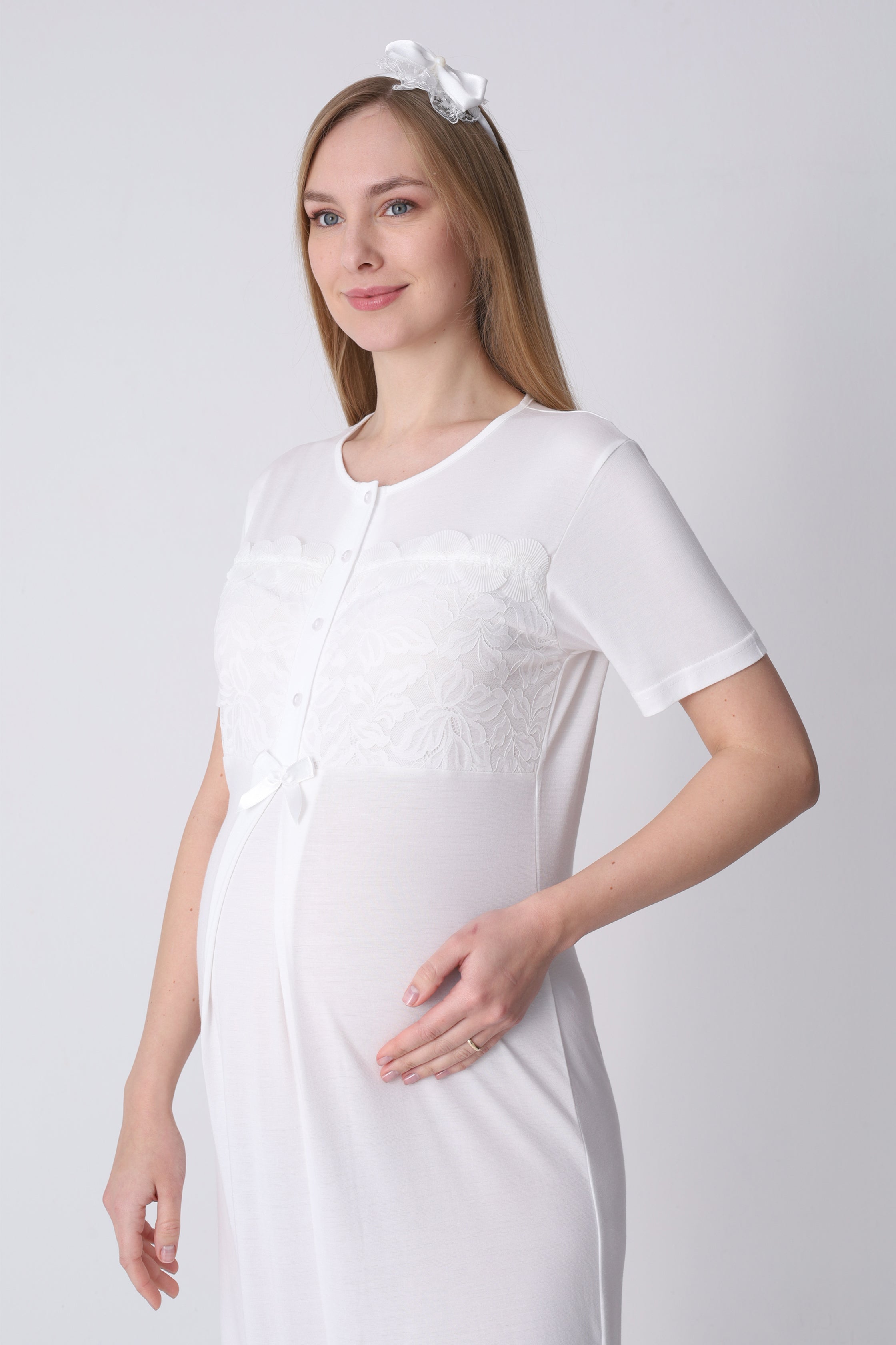 Hamile Gecelik ve Sabahlık Takımı – Lohusa Gecelik Seti, İspanyol Kollu Yaka Dantelli Pamuk Viskon - 2324