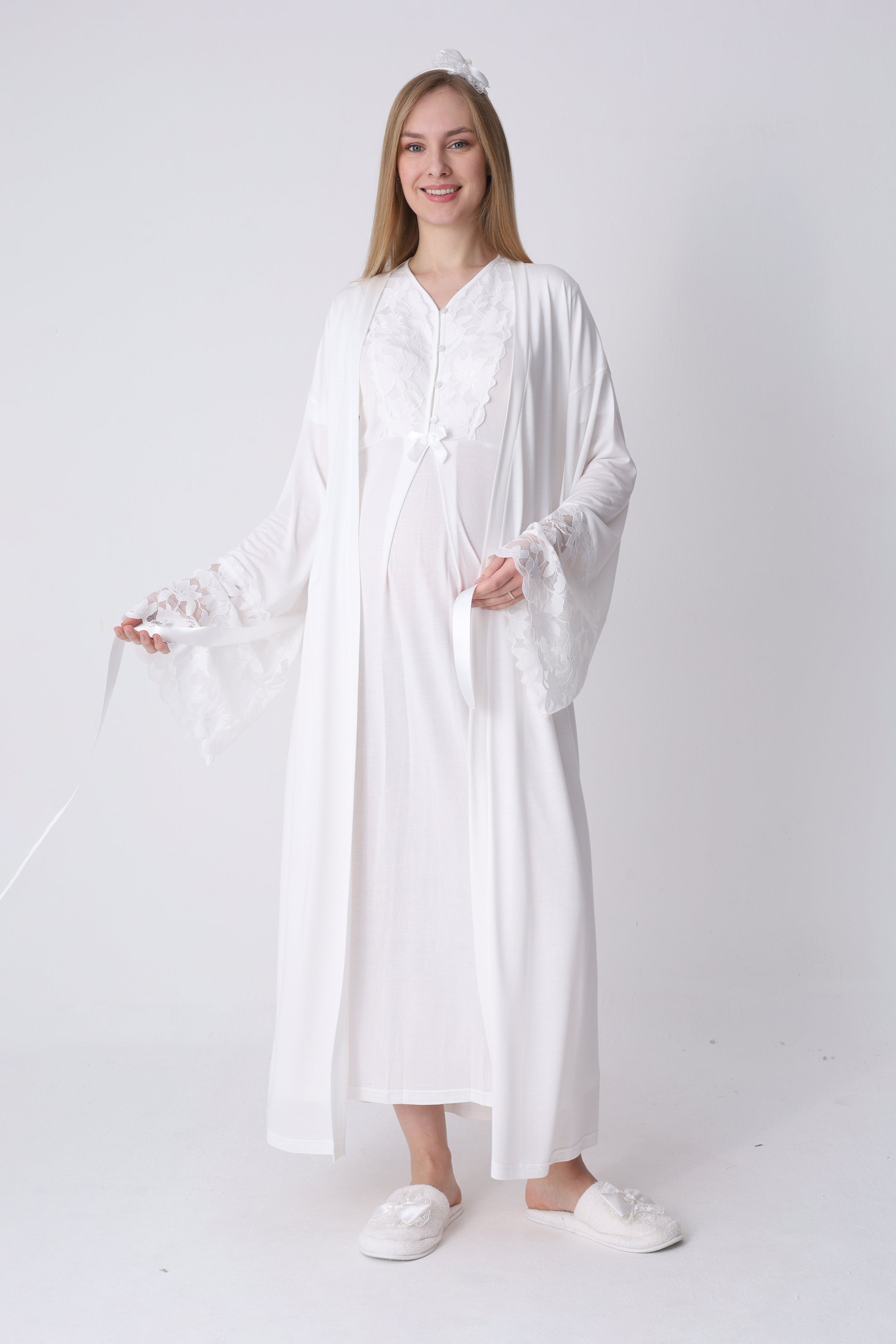 Hamile Gecelik ve Sabahlık Takımı – Lohusa Seti, Geniş Dantel Kollu Pamuklu - 2325