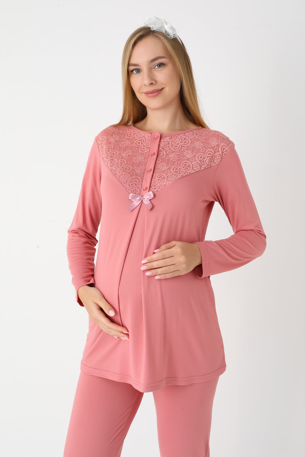 Dantel Detaylı 3'lü Lohusa Hamile Pijama ve Sabahlık Takımı - Nar Çiçeği & Bej - 3449