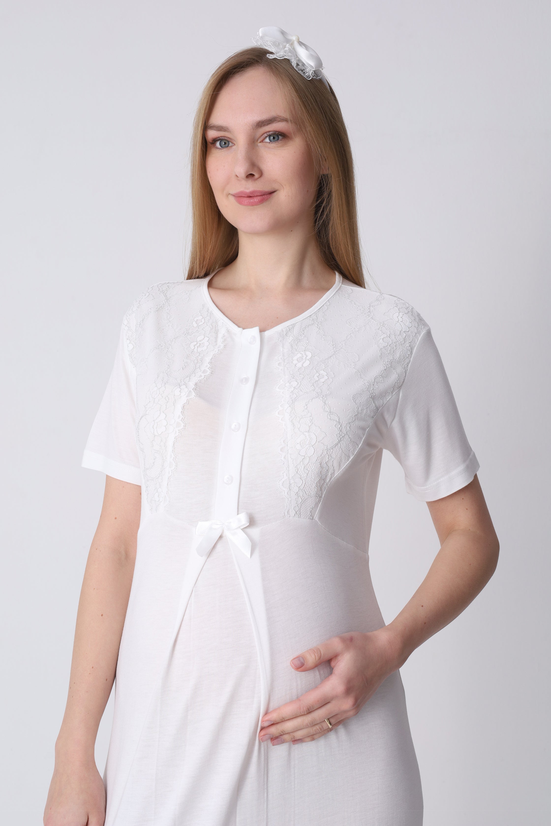 Hamile Gecelik ve Sabahlık Takımı – Lohusa Gecelik Seti, Puantiyeli Dantel Detaylı Pamuk Viskon - 2323