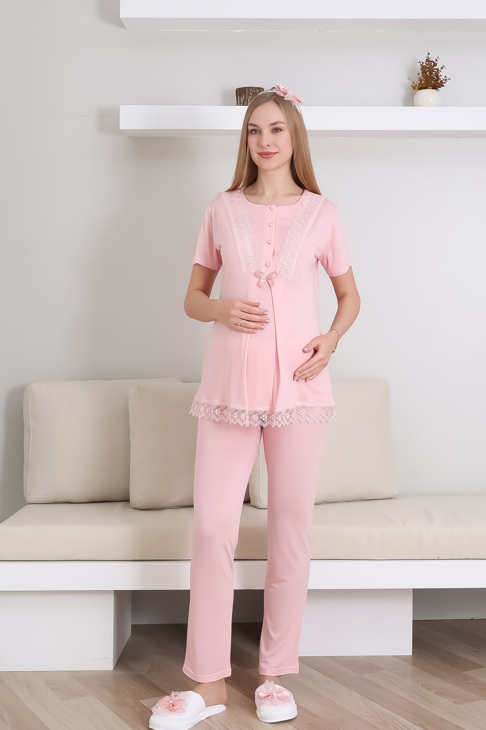 Hamile Pijama Takımı Düğmeli Dantel Şeritli Emzirme / Tesettür İçin Uygun - 3430