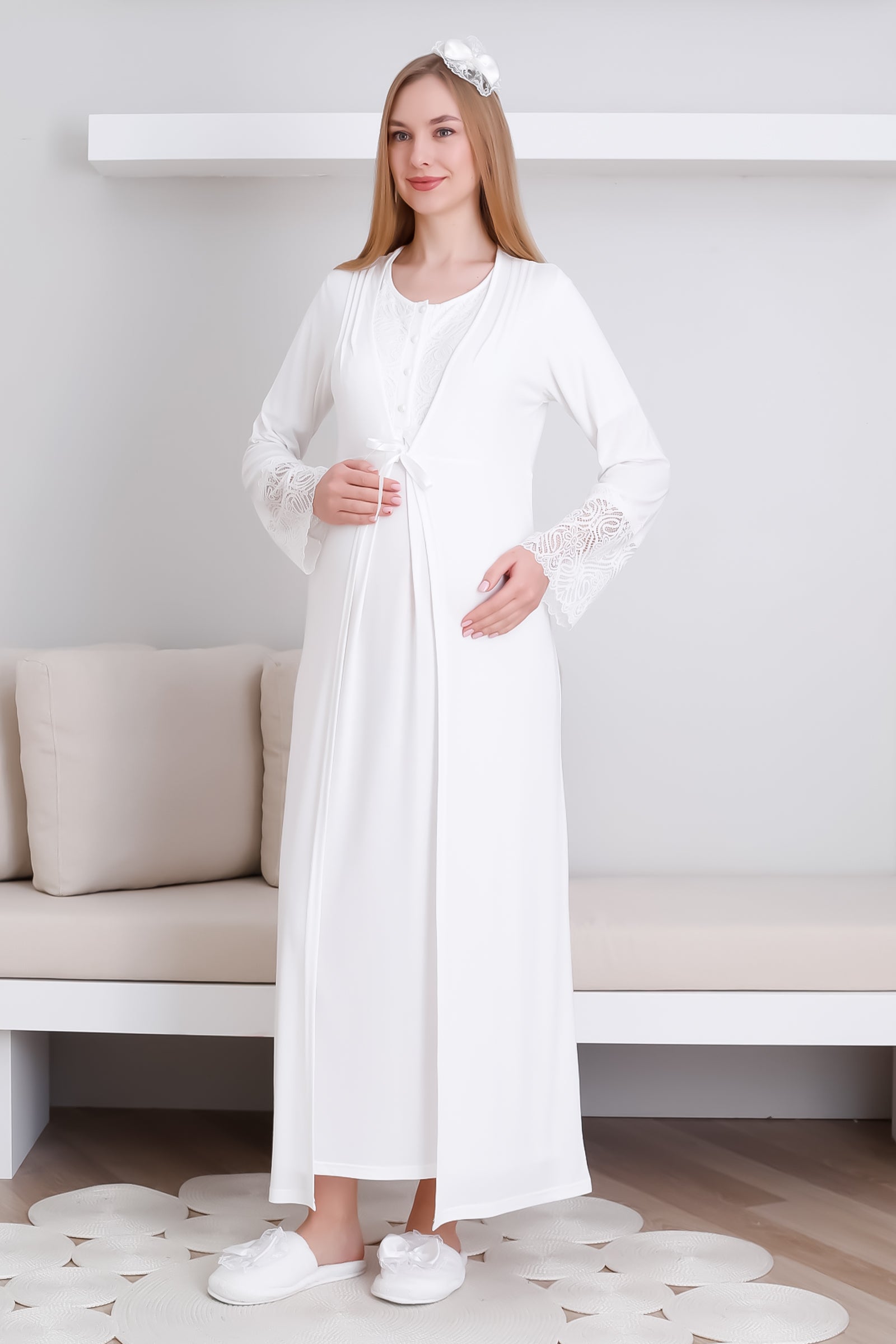 Hamile Kısa Kol Gecelik & Sabahlık Takım / Dantel ve Düğmeli Hamile Giyim - 2291