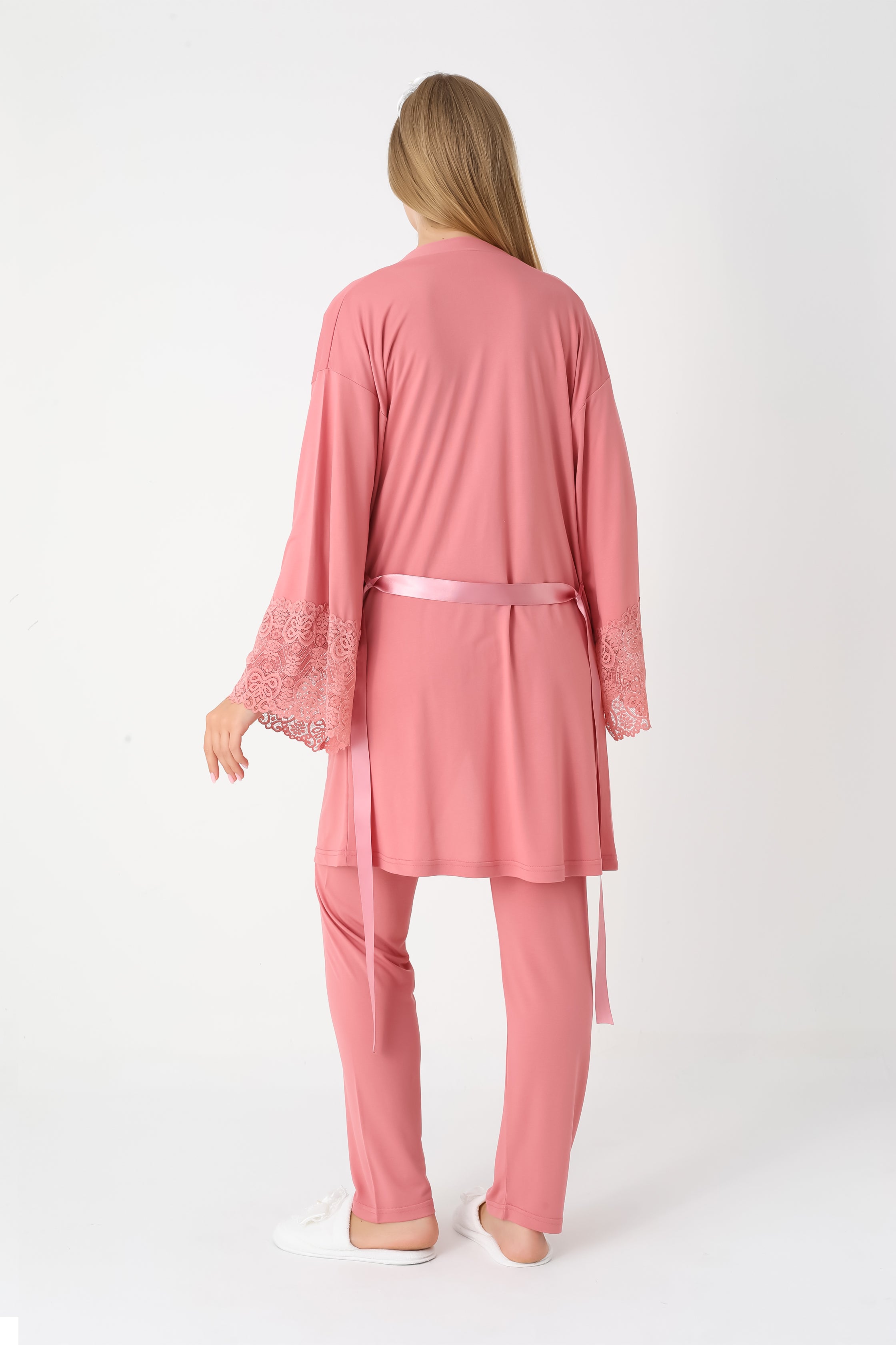 Dantel Detaylı 3'lü Lohusa Hamile Pijama ve Sabahlık Takımı - Nar Çiçeği & Bej - 3449