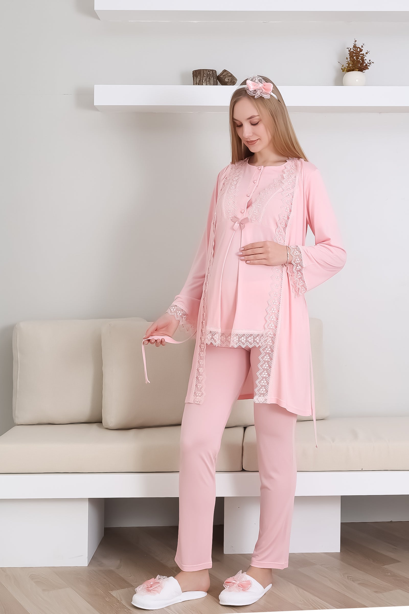 Hamile Pijama Takımı Düğmeli Dantel Şeritli Emzirme / Tesettür İçin Uygun - 3430