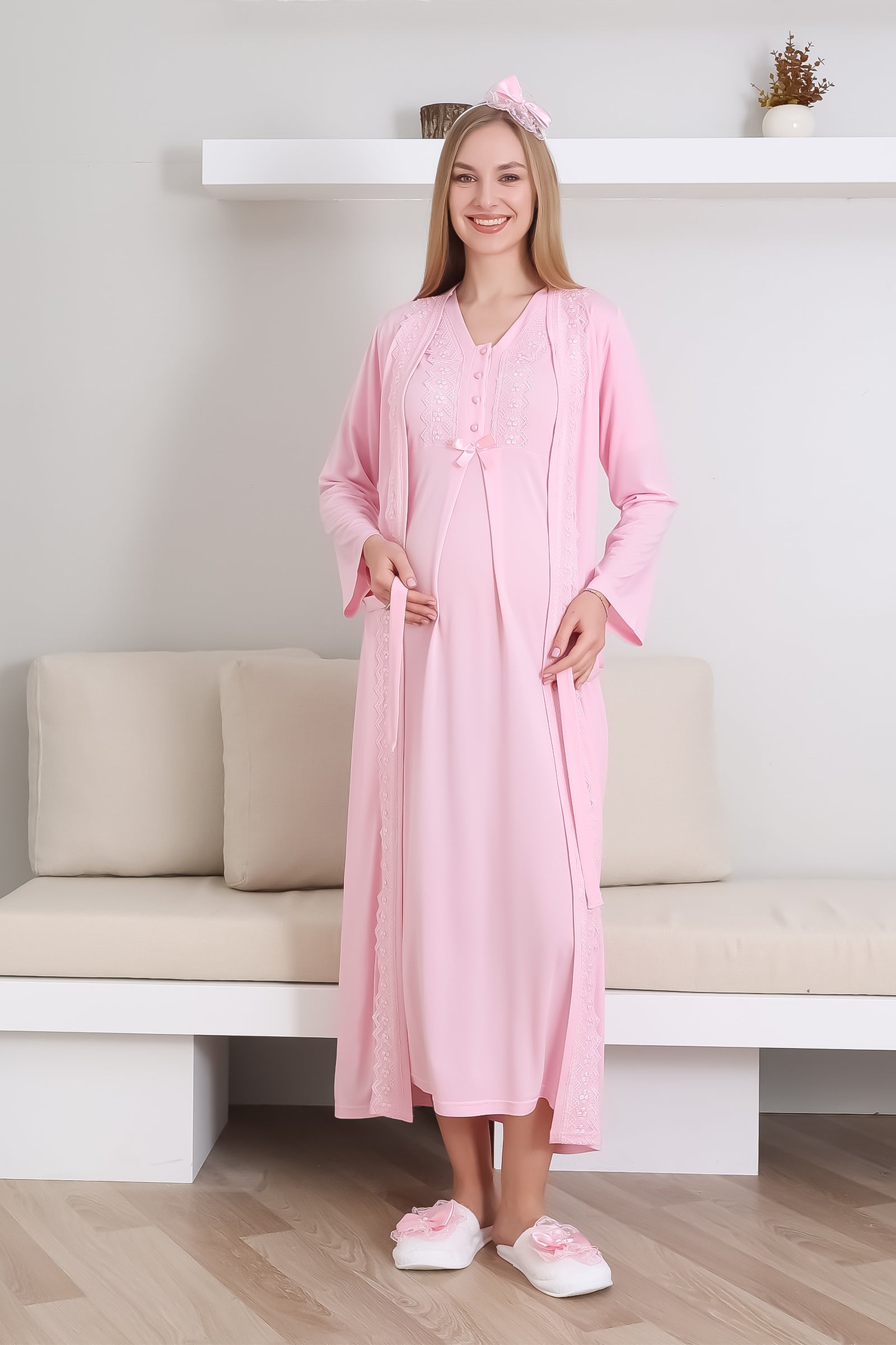 Hamile Gecelik Takımı Sabahlıklı V yakalı Dantel Detaylı 2'li Önü Düğmeli - 2290