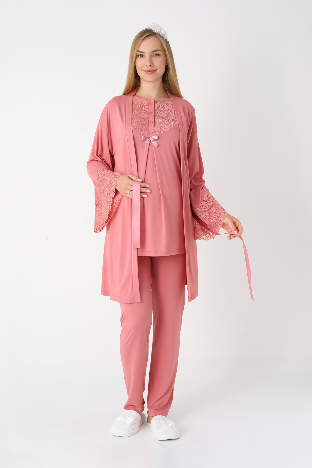 Dantel Detaylı 3'lü Lohusa Hamile Pijama ve Sabahlık Takımı - Nar Çiçeği & Bej - 3449