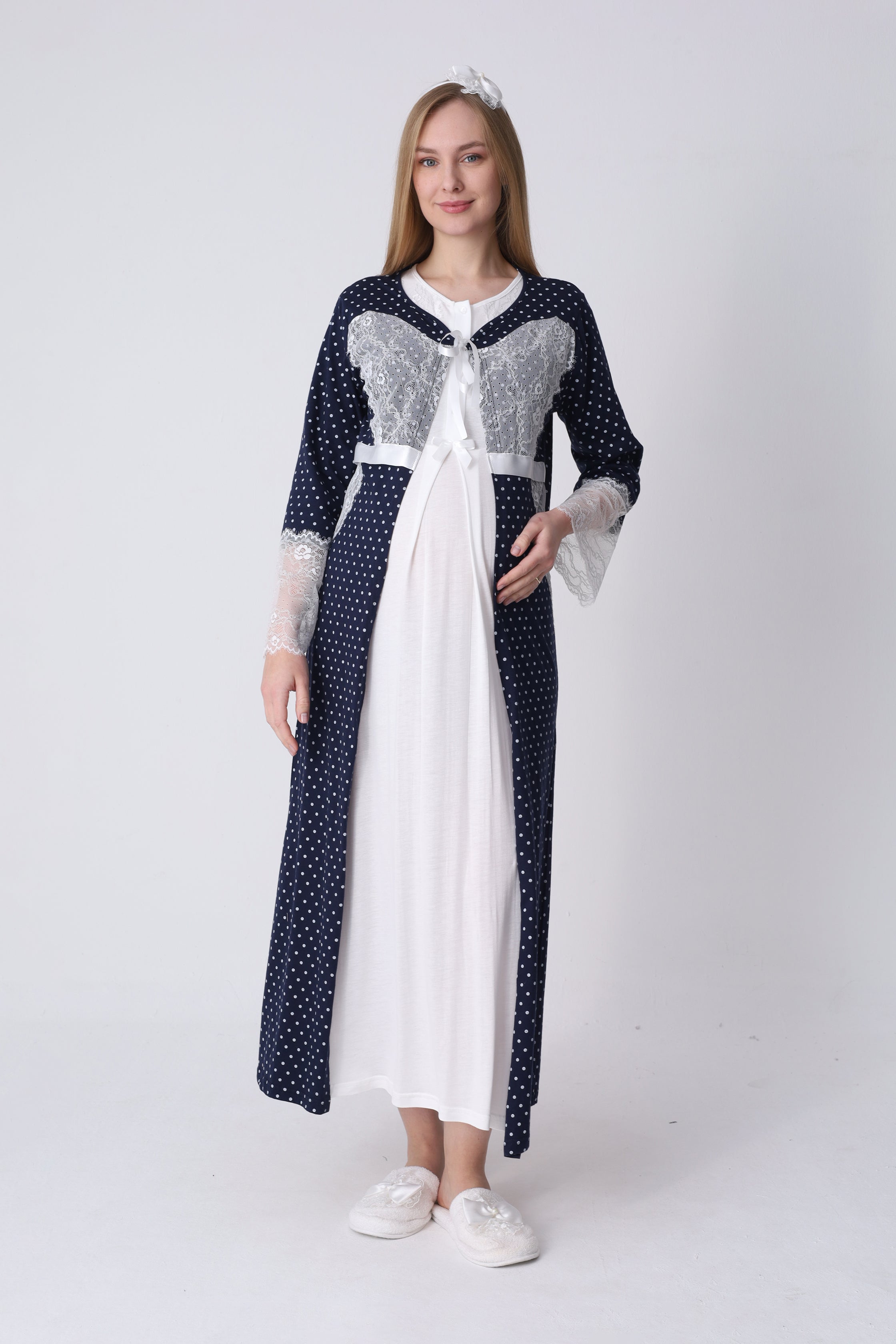 Hamile Gecelik ve Sabahlık Takımı – Lohusa Gecelik Seti, Puantiyeli Dantel Detaylı Pamuk Viskon - 2323