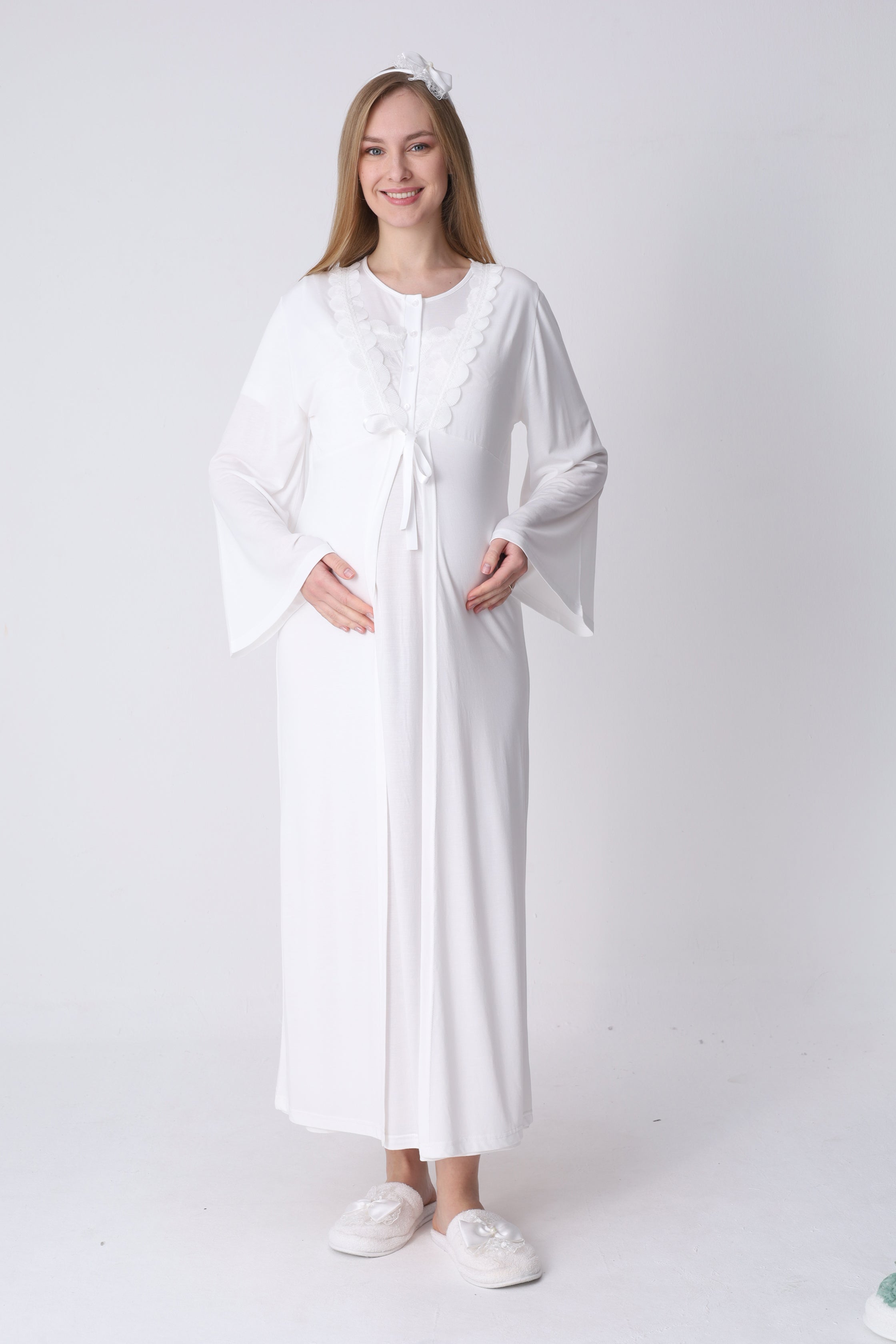 Hamile Gecelik ve Sabahlık Takımı – Lohusa Gecelik Seti, İspanyol Kollu Yaka Dantelli Pamuk Viskon - 2324