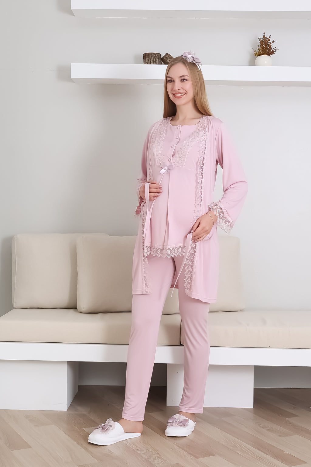 Hamile Pijama Takımı Düğmeli Dantel Şeritli Emzirme / Tesettür İçin Uygun - 3430