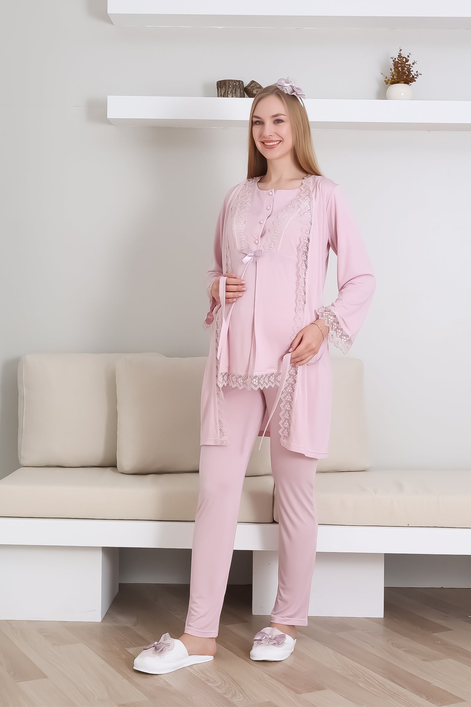 Hamile Pijama Takımı Düğmeli Dantel Şeritli Emzirme / Tesettür İçin Uygun - 3430