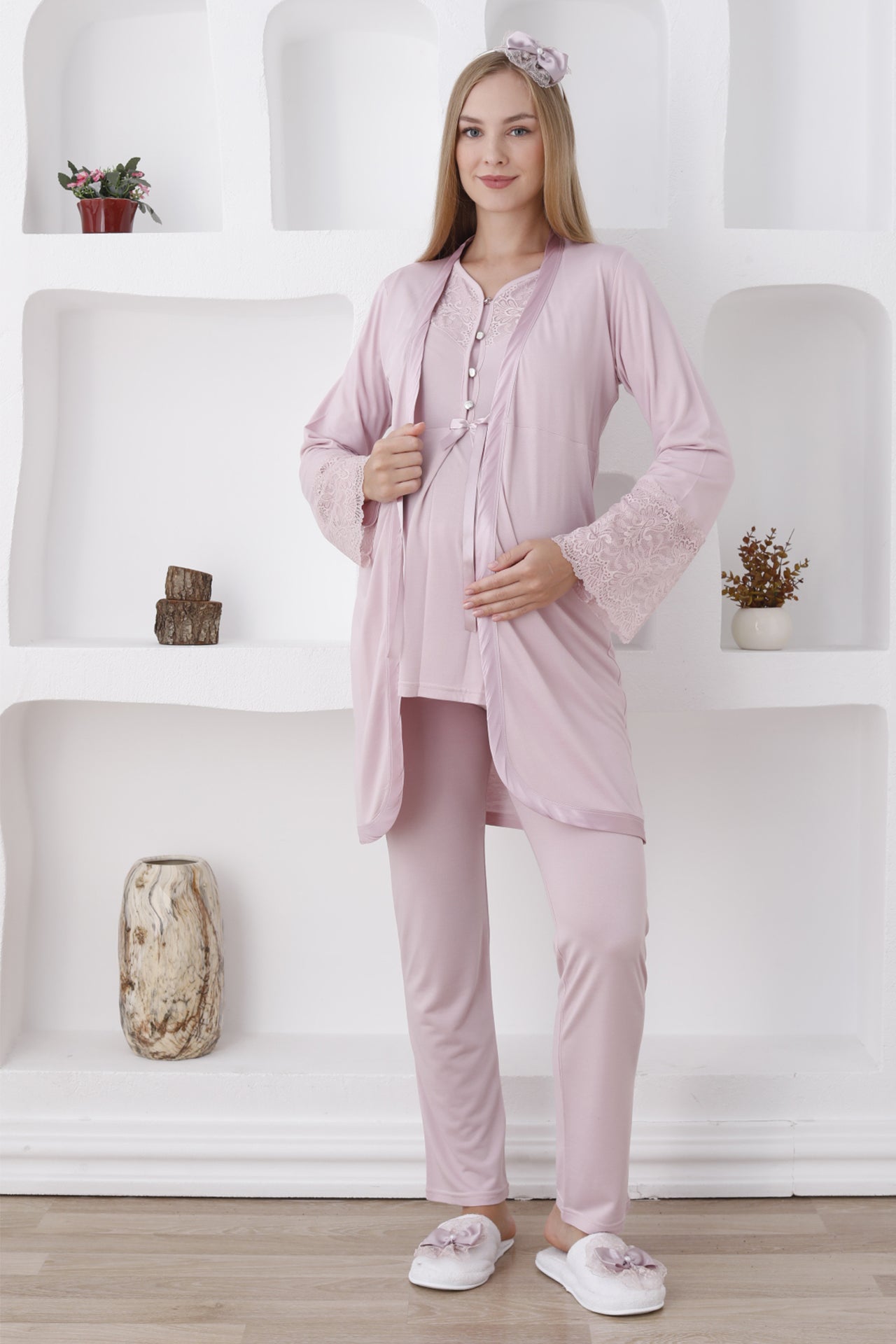 Uzun Kollu 7 Renk Hamile Pijama ve Sabahlık Takımı Dantelli - 3426