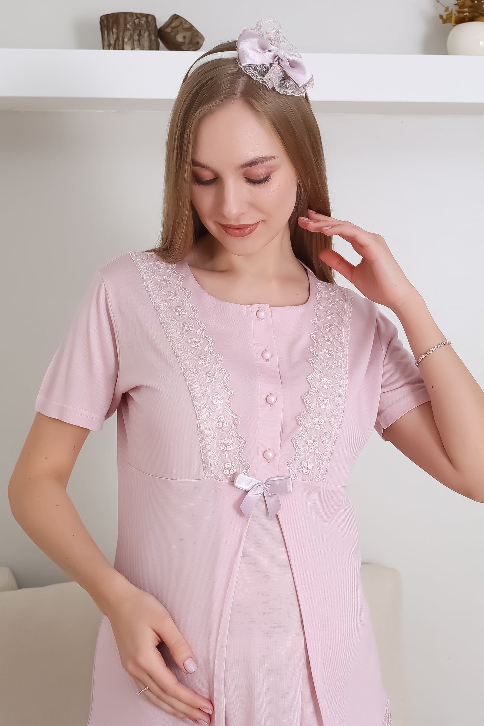 Hamile Pijama Takımı Düğmeli Dantel Şeritli Emzirme / Tesettür İçin Uygun - 3430