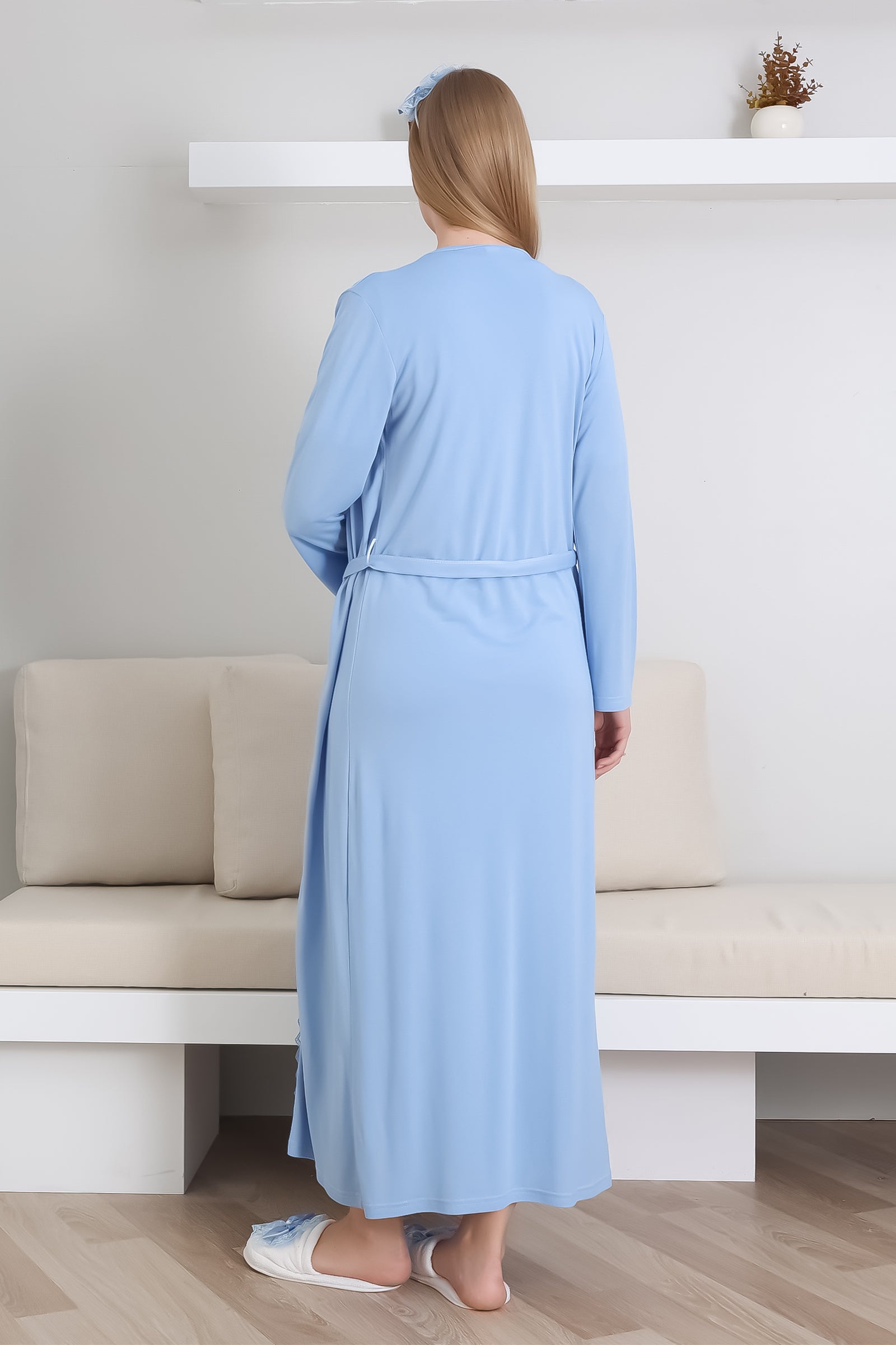 Hamile Gecelik Takımı Sabahlıklı V yakalı Dantel Detaylı 2'li Önü Düğmeli - 2290