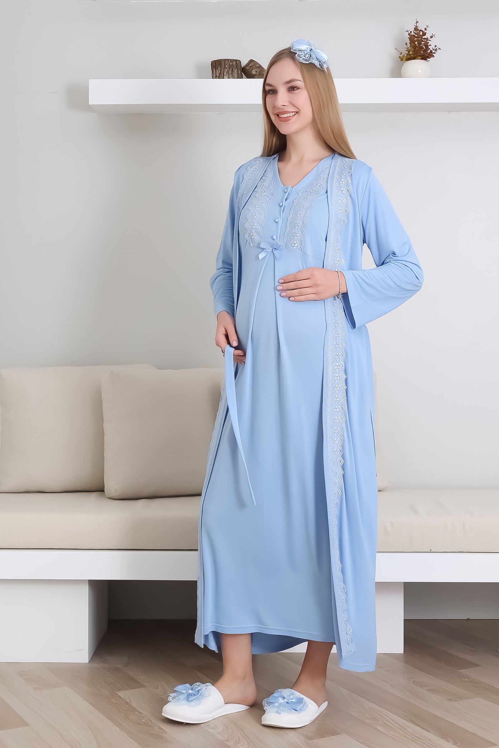 Hamile Gecelik Takımı Sabahlıklı V yakalı Dantel Detaylı 2'li Önü Düğmeli - 2290