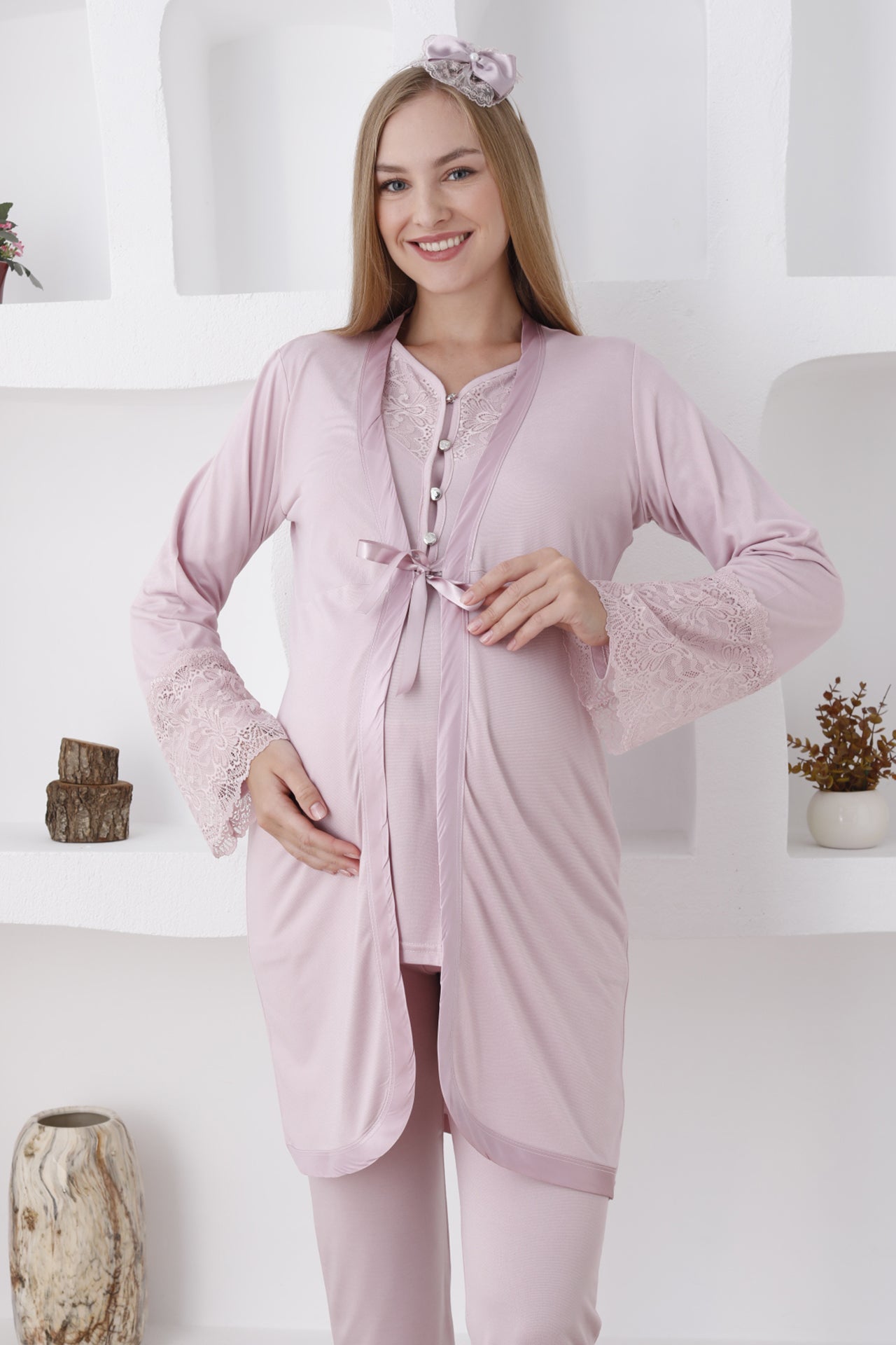 Uzun Kollu 7 Renk Hamile Pijama ve Sabahlık Takımı Dantelli - 3426