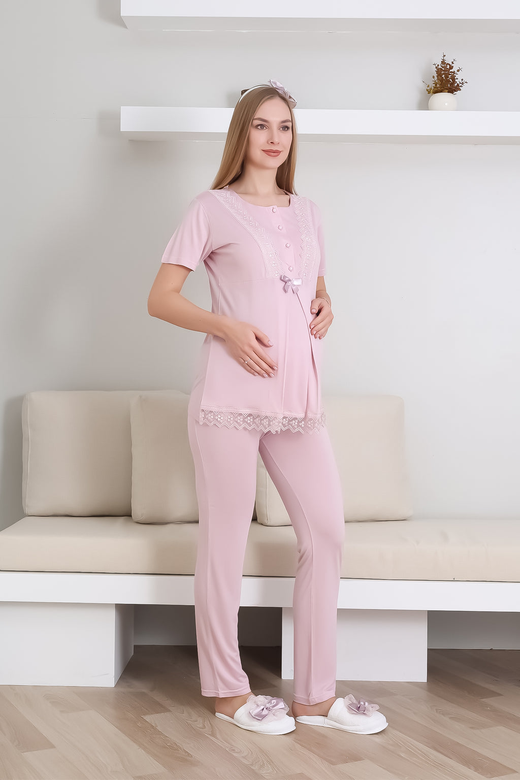Hamile Pijama Takımı Düğmeli Dantel Şeritli Emzirme / Tesettür İçin Uygun - 3430