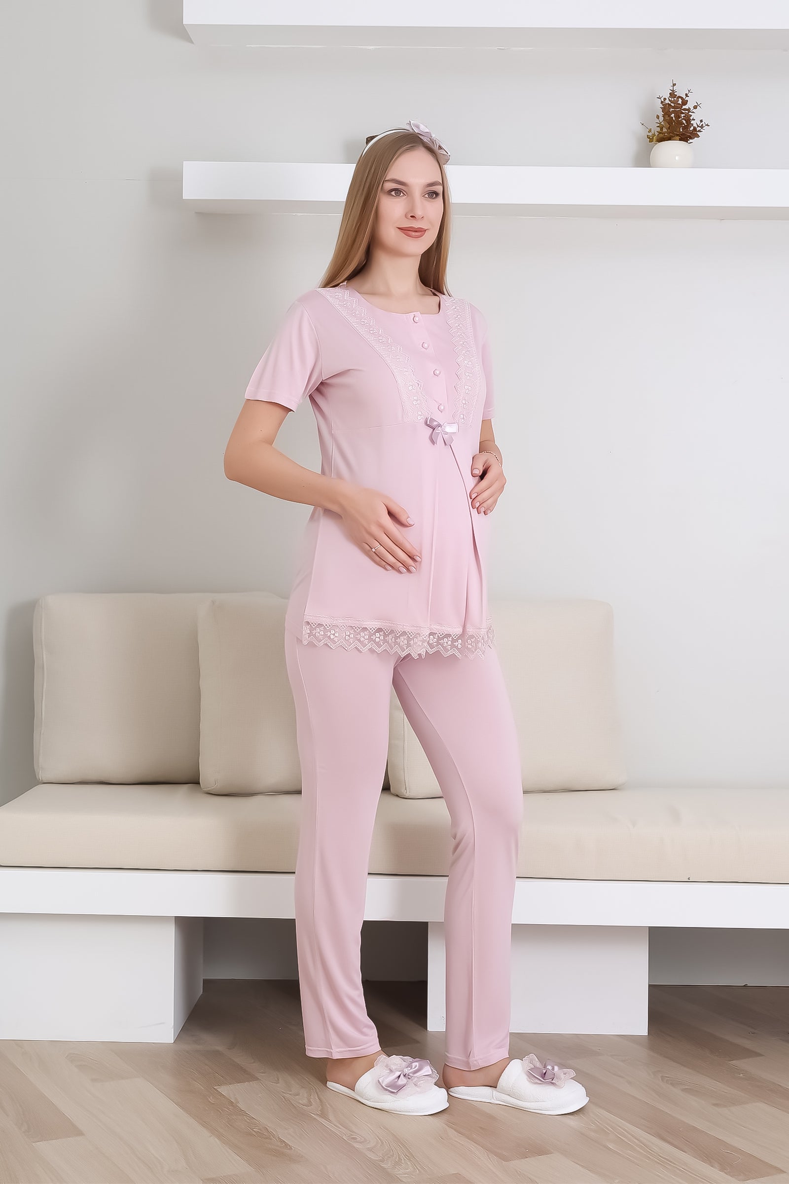 Hamile Pijama Takımı Düğmeli Dantel Şeritli Emzirme / Tesettür İçin Uygun - 3430