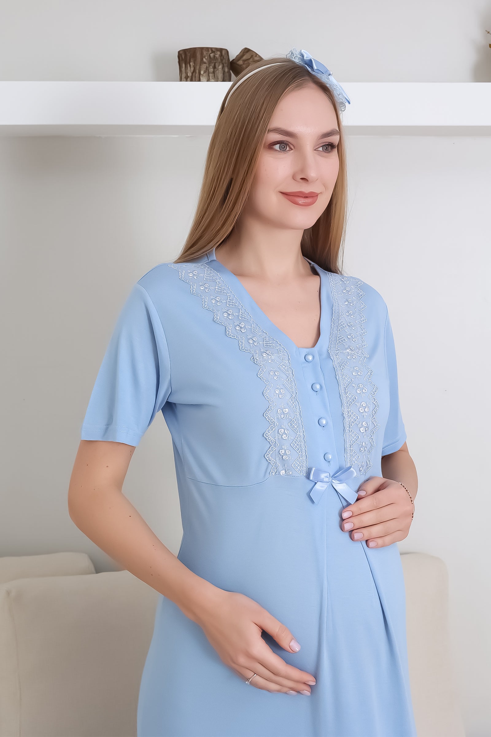 Hamile Gecelik Takımı Sabahlıklı V yakalı Dantel Detaylı 2'li Önü Düğmeli - 2290