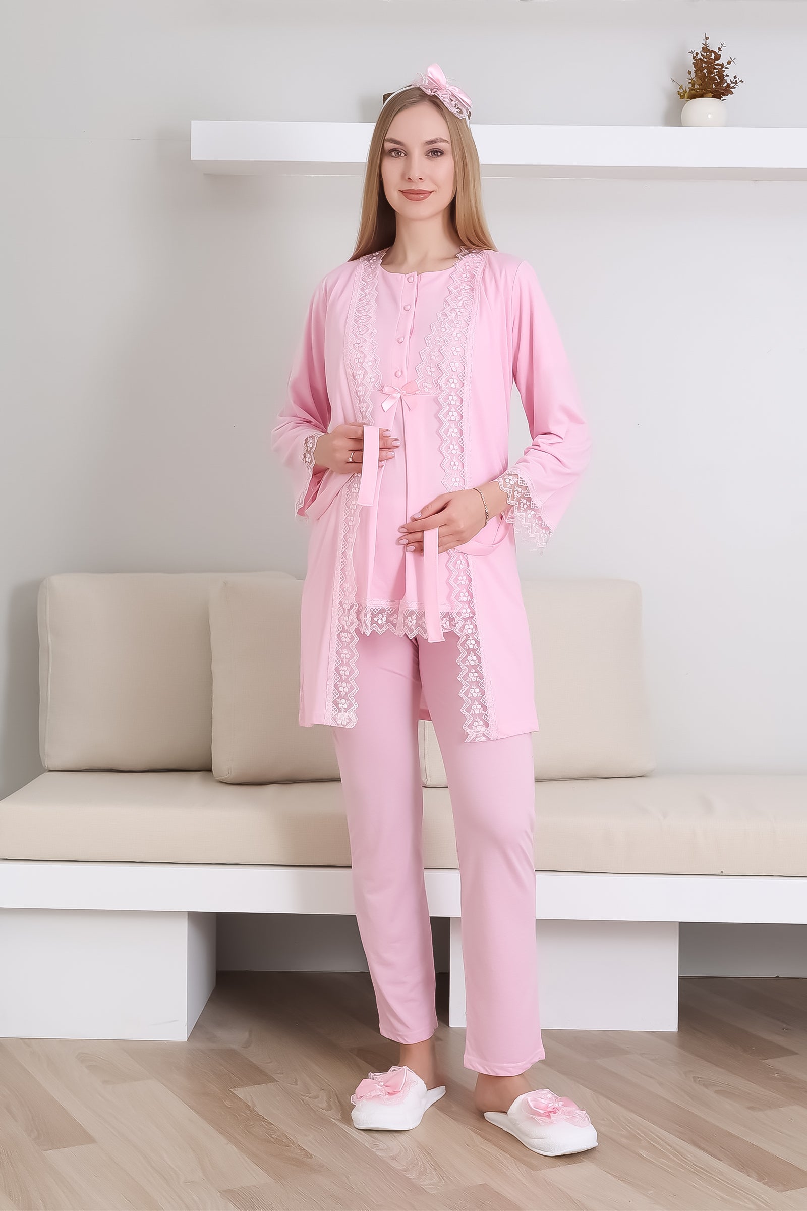 Hamile Pijama Takımı Düğmeli Dantel Şeritli Emzirme / Tesettür İçin Uygun - 3430