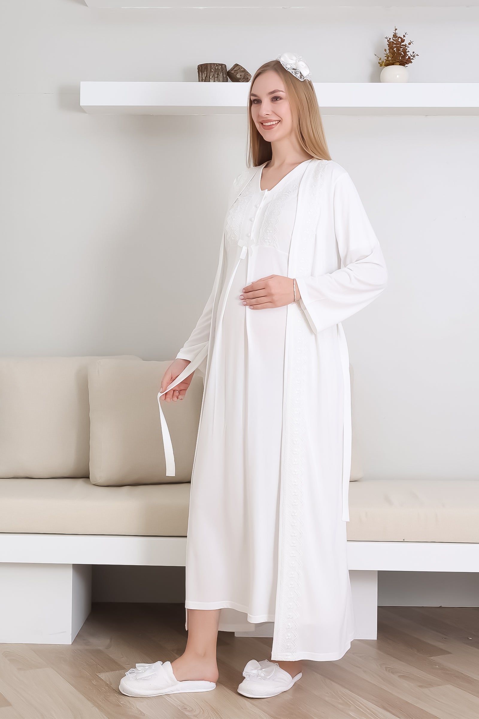 Hamile Gecelik Takımı Sabahlıklı V yakalı Dantel Detaylı 2'li Önü Düğmeli - 2290