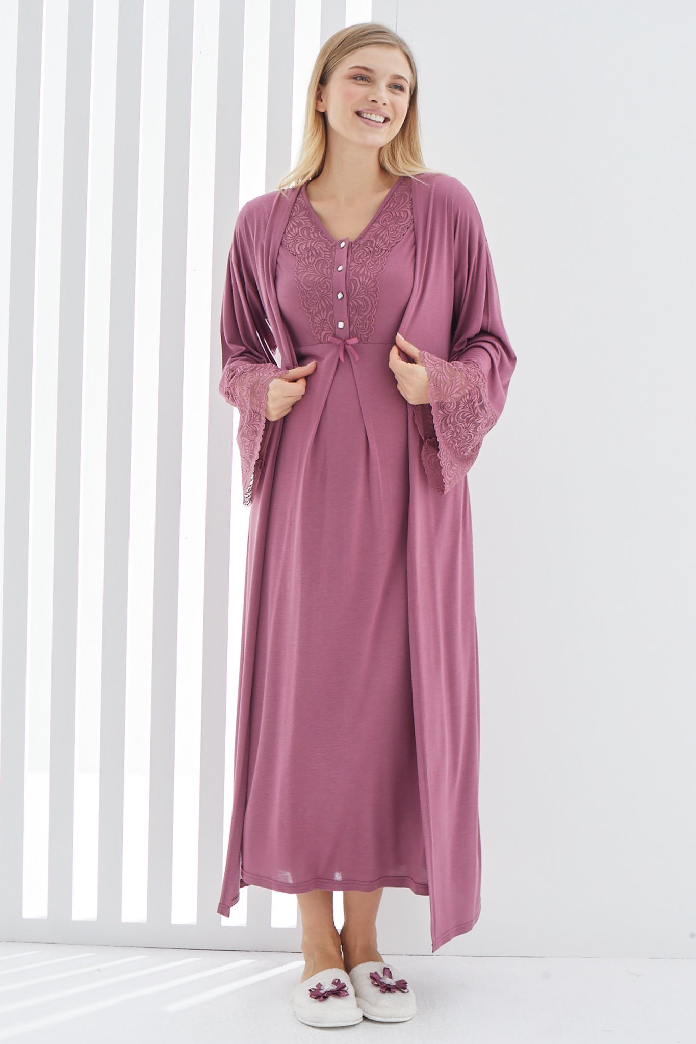 Gecelik ve Sabahlıklı Hamile Takımı/Pamuklu Lohusa Takımı/Kısa Kol Gecelik - 2269
