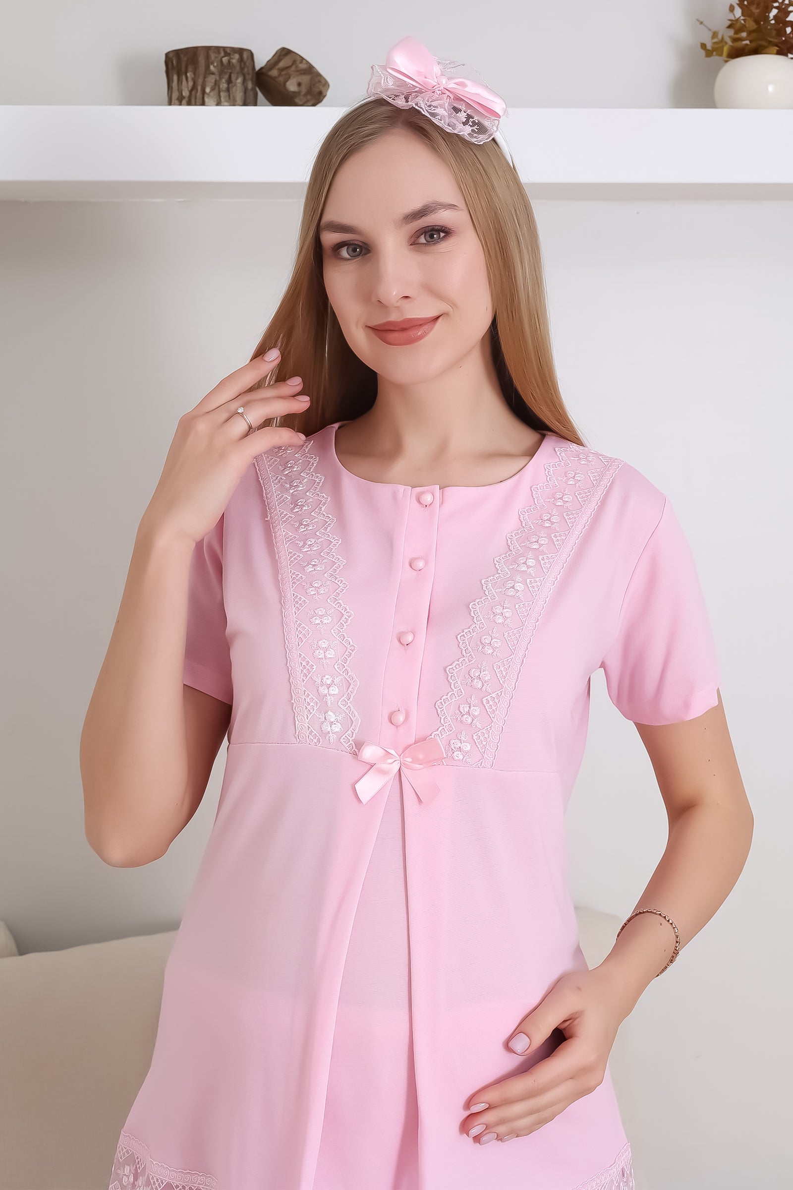 Hamile Pijama Takımı Düğmeli Dantel Şeritli Emzirme / Tesettür İçin Uygun - 3430
