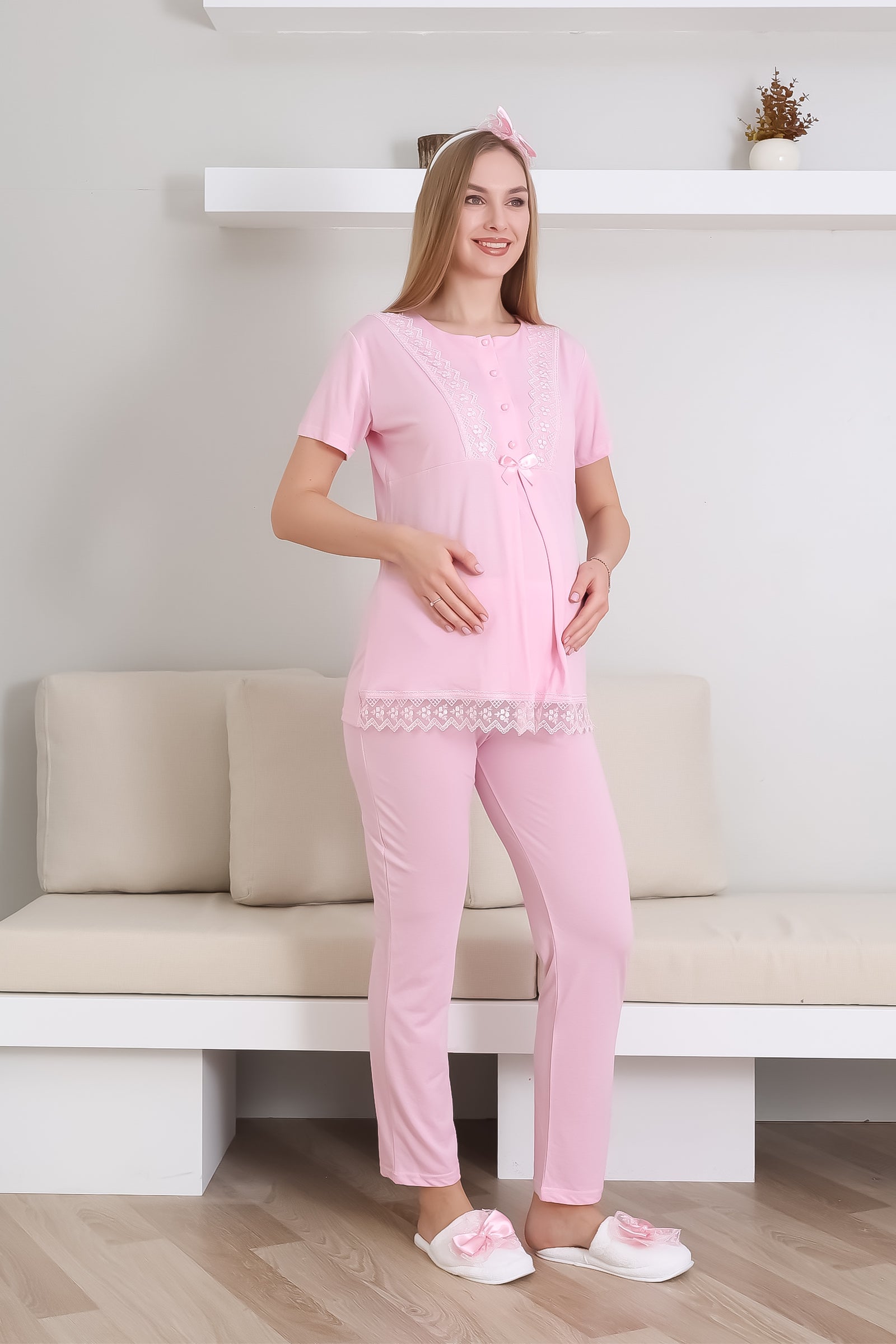 Hamile lohusa pijama takımı düğmeli dantel şeritli emzirme tesettür 10