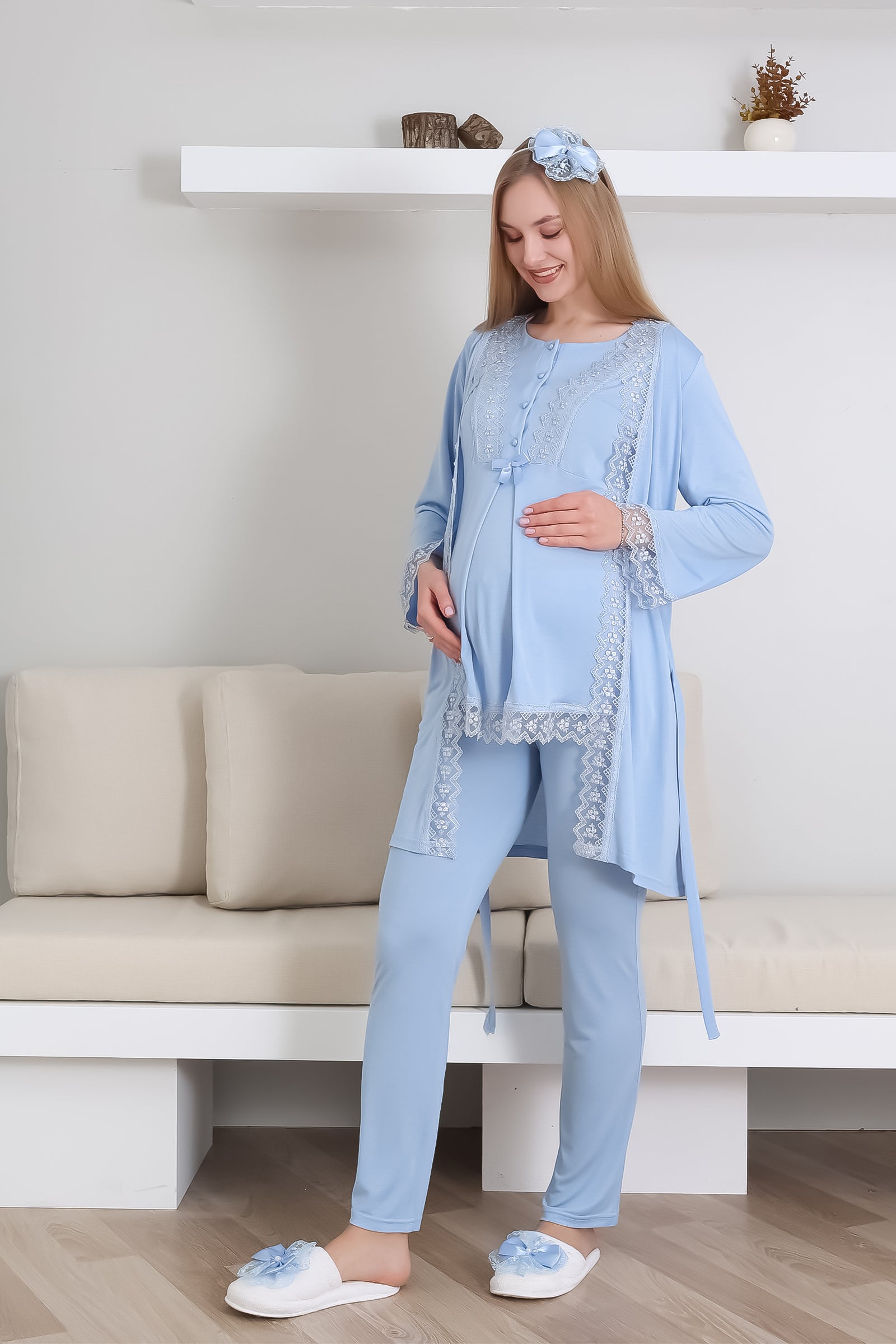 Hamile Pijama Takımı Düğmeli Dantel Şeritli Emzirme / Tesettür İçin Uygun - 3430