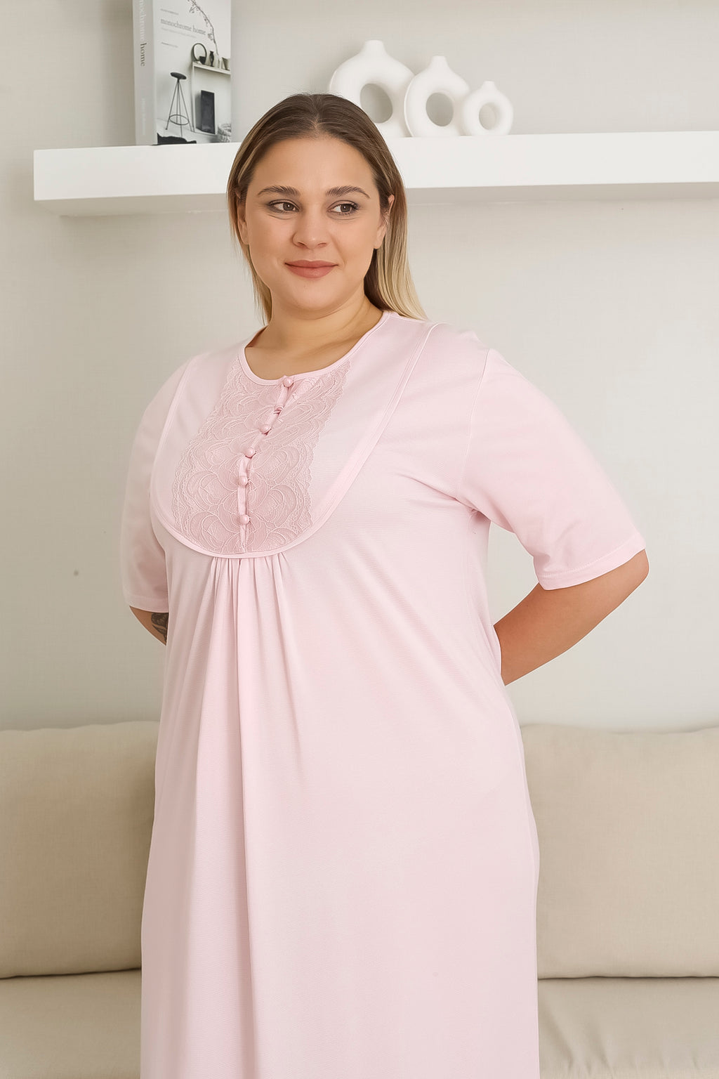 Anne Geceliği Büyük Bedenli Gecelik Düğmeli Dantel Yakalı Düz Renkli 1047