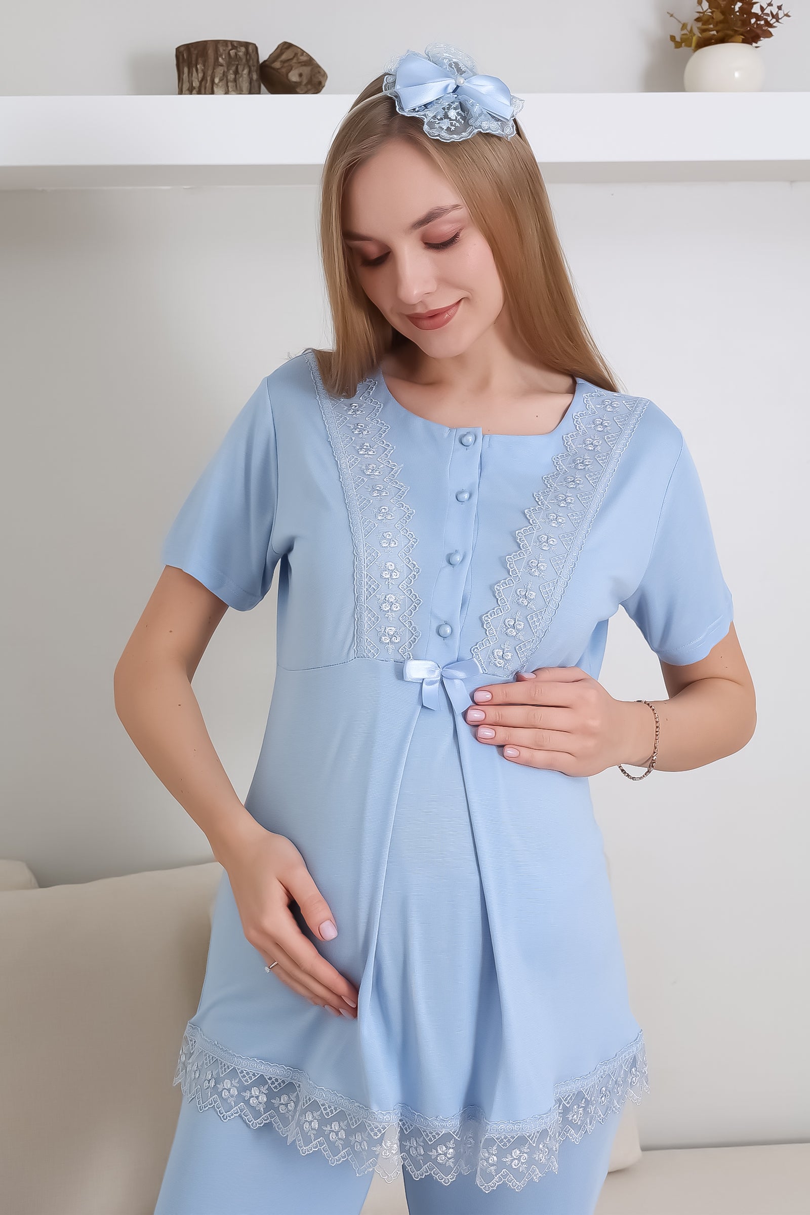 Hamile Pijama Takımı Düğmeli Dantel Şeritli Emzirme / Tesettür İçin Uygun - 3430