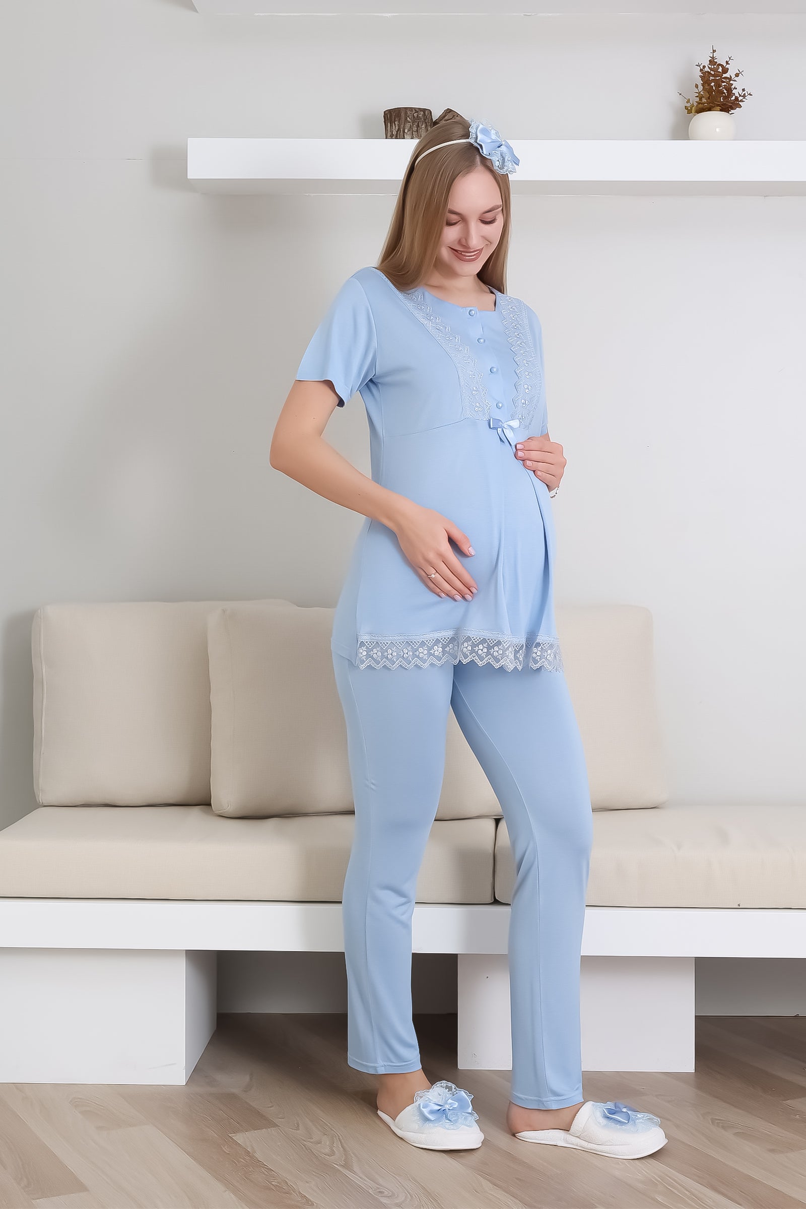 Hamile lohusa pijama takımı düğmeli dantel şeritli emzirme tesettür 11