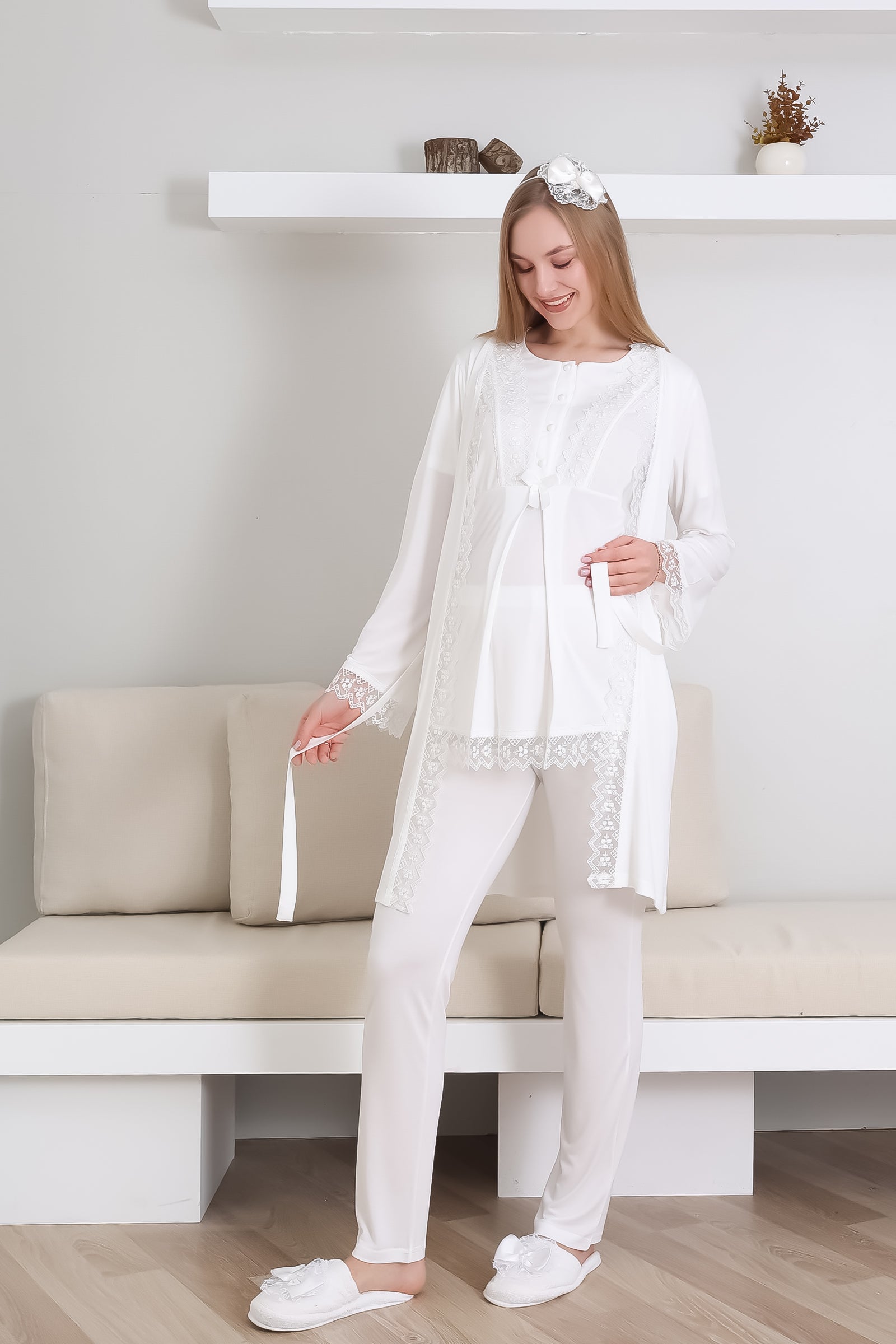 Hamile Pijama Takımı Düğmeli Dantel Şeritli Emzirme / Tesettür İçin Uygun - 3430