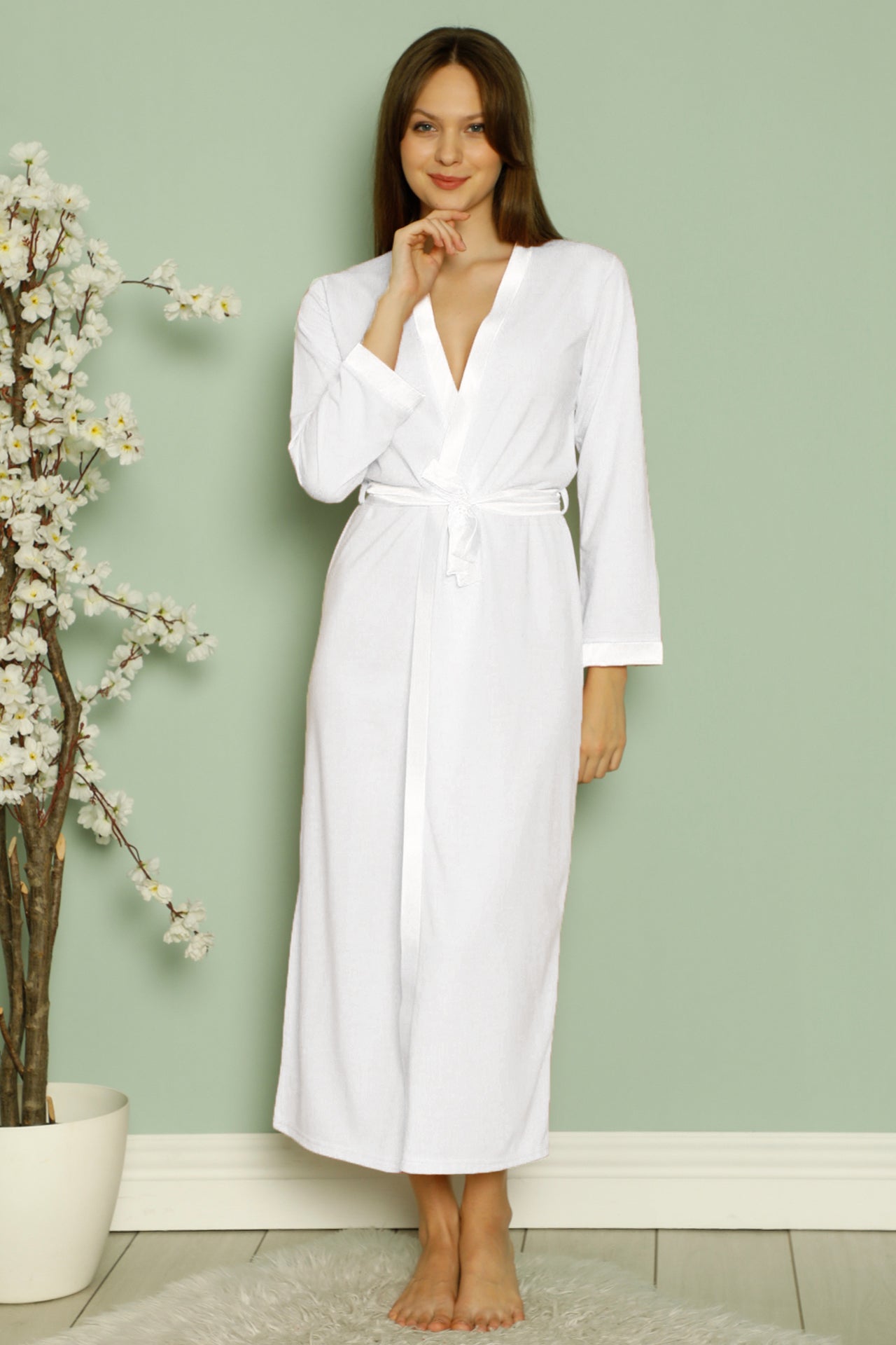 Kadın Sabahlık Kruvaze Yaka Pamuklu, Saten Detaylı ve Bağlamalı 0812