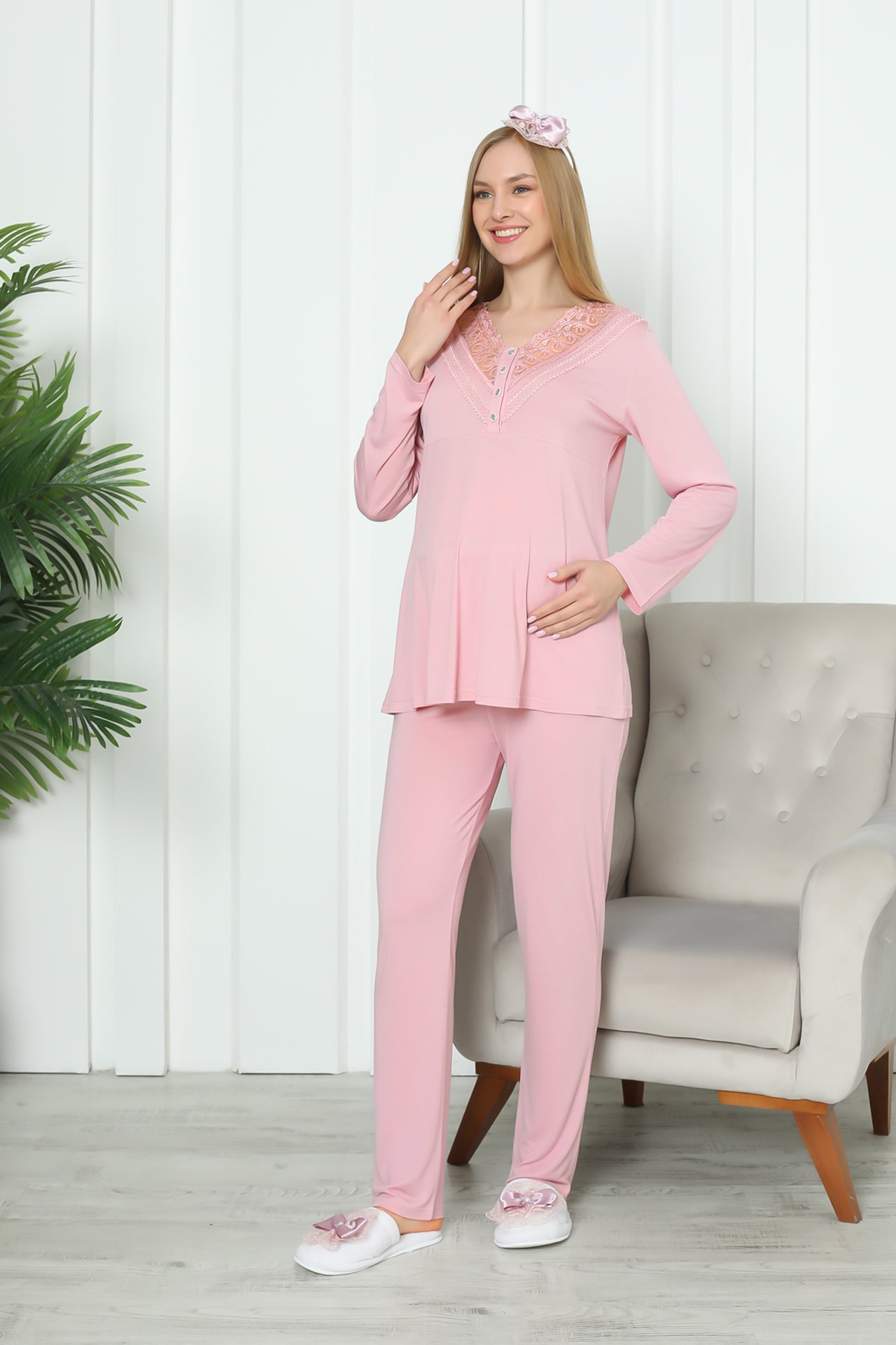 Hamile Pijama Takımı V Yakalı Düğmeli Dantel Detaylı Emzirme İçin Uygun Uzun Kollu 2'li 1169