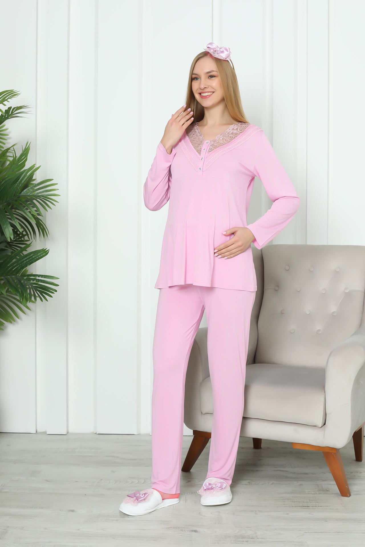 Hamile Pijama Takımı V Yakalı Düğmeli Dantel Detaylı Emzirme İçin Uygun Uzun Kollu 2'li 1169