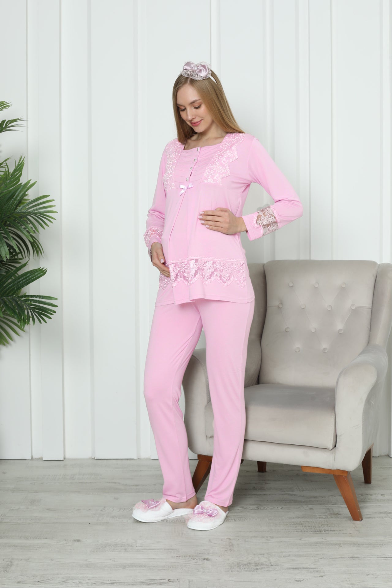 Hamile Pijama Takım Havuz Yaka Şık Dantel Detay Düğmeli Emzirmeli Pamuk Viskon Lohusa Takımı 1171