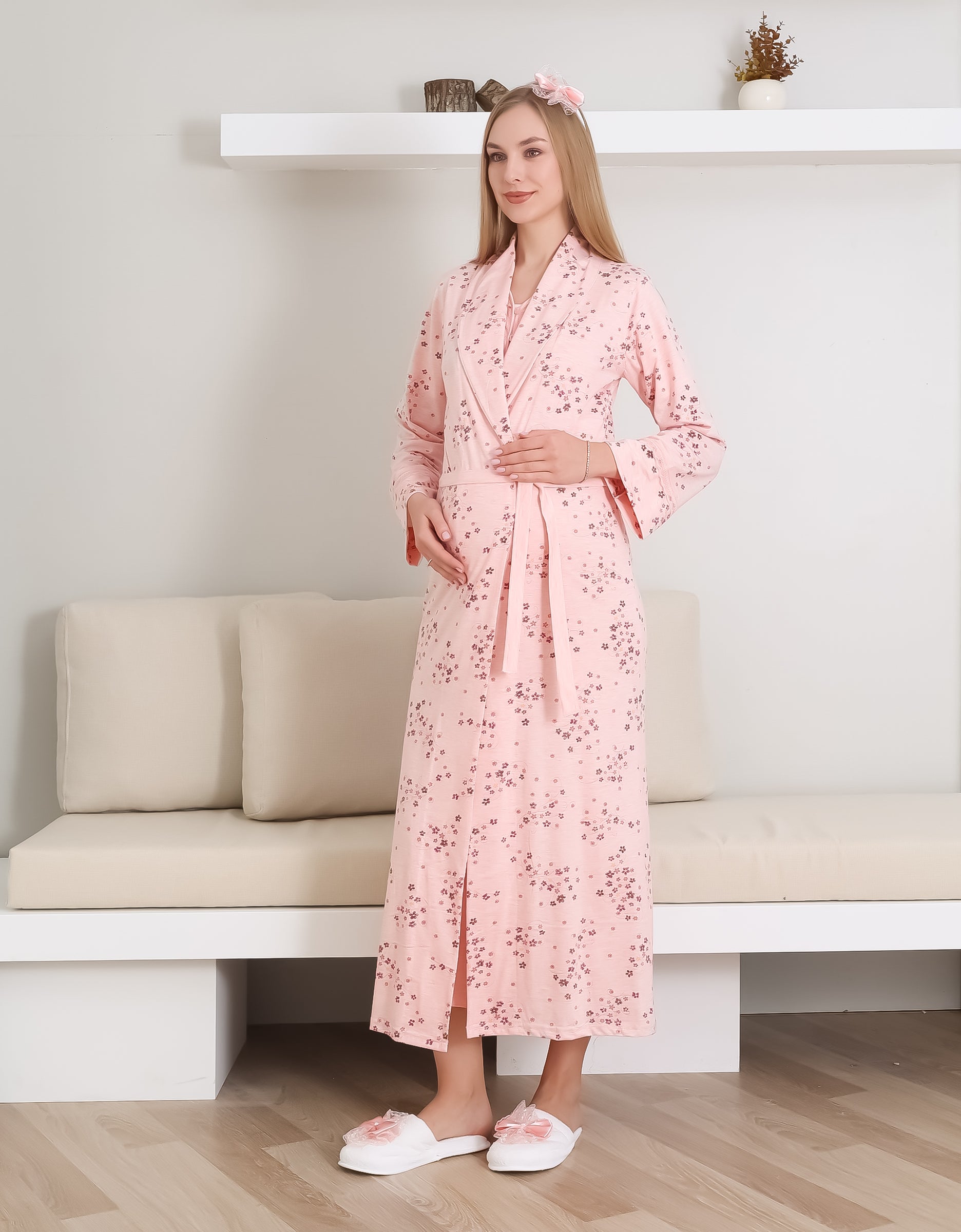Hamile Gecelik, Pijama ve Sabahlıklı Takım 4'lü Set / Nakışlı Ve Düğmeli Yaka / Pamuklu Penye Kumaş 1172-2289