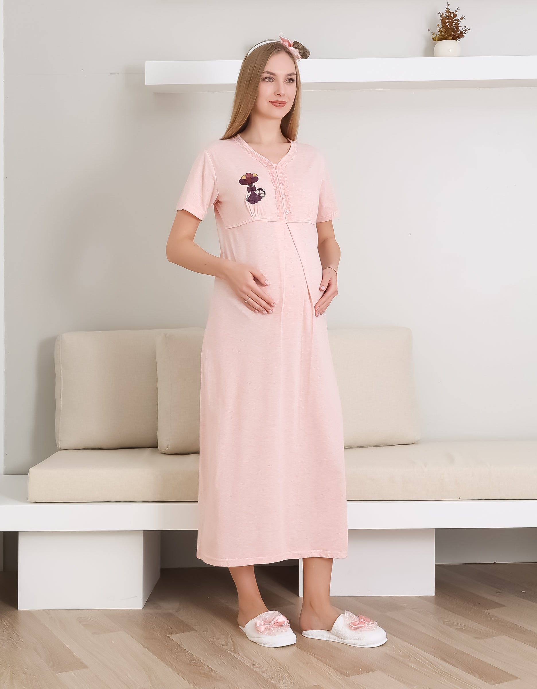 Hamile Gecelik, Pijama ve Sabahlıklı Takım 4'lü Set / Nakışlı Ve Düğmeli Yaka / Pamuklu Penye Kumaş 1172-2289