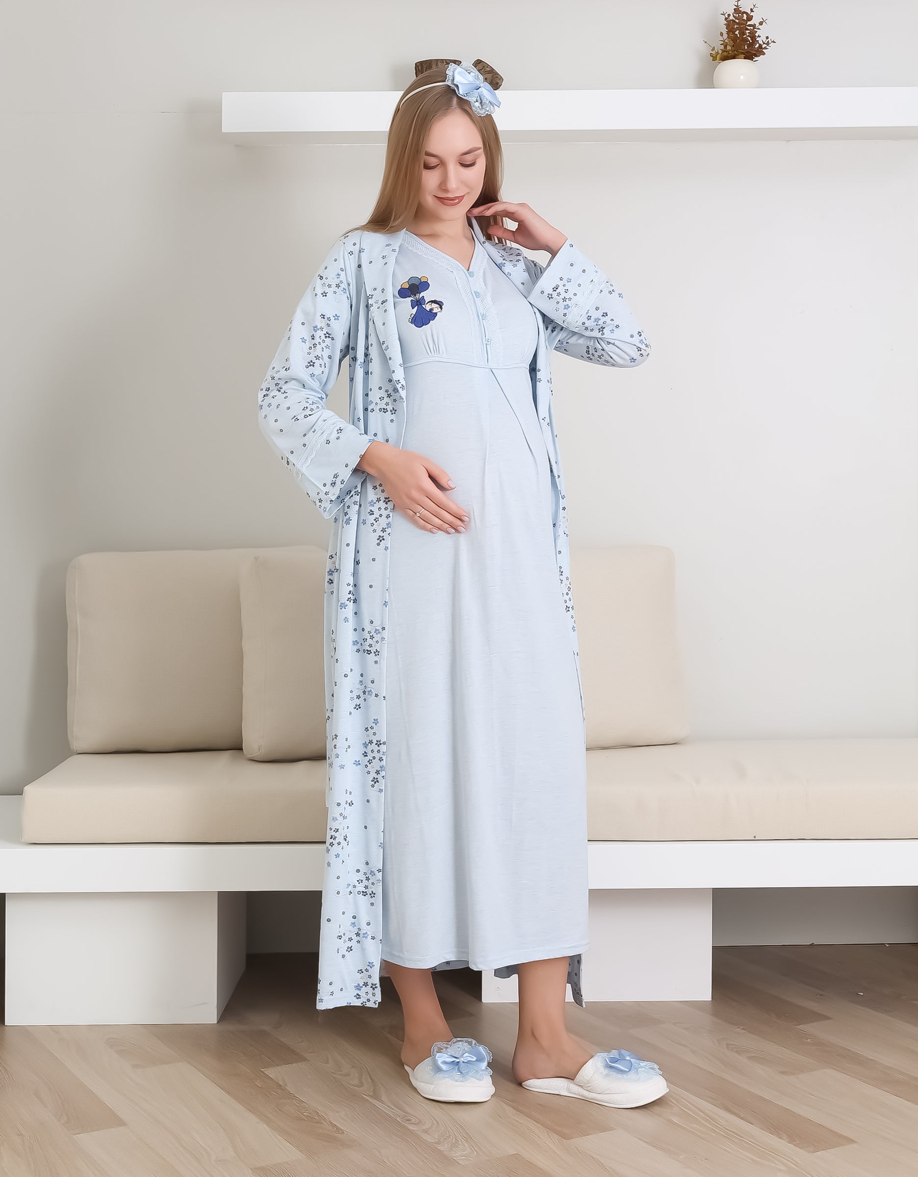 Hamile Gecelik, Pijama ve Sabahlıklı Takım 4'lü Set / Nakışlı Ve Düğmeli Yaka / Pamuklu Penye Kumaş 1172-2289