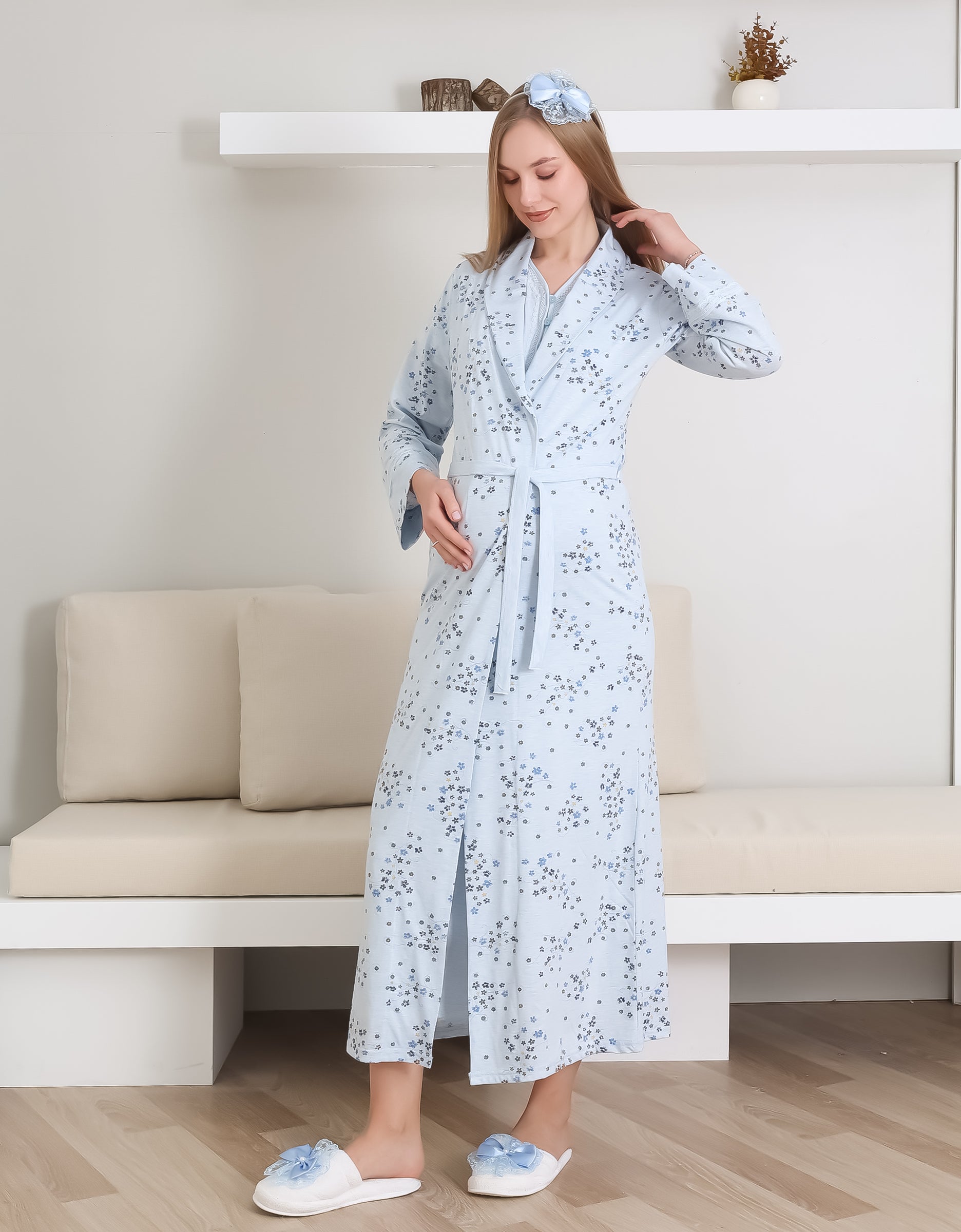 Hamile Gecelik, Pijama ve Sabahlıklı Takım 4'lü Set / Nakışlı Ve Düğmeli Yaka / Pamuklu Penye Kumaş 1172-2289