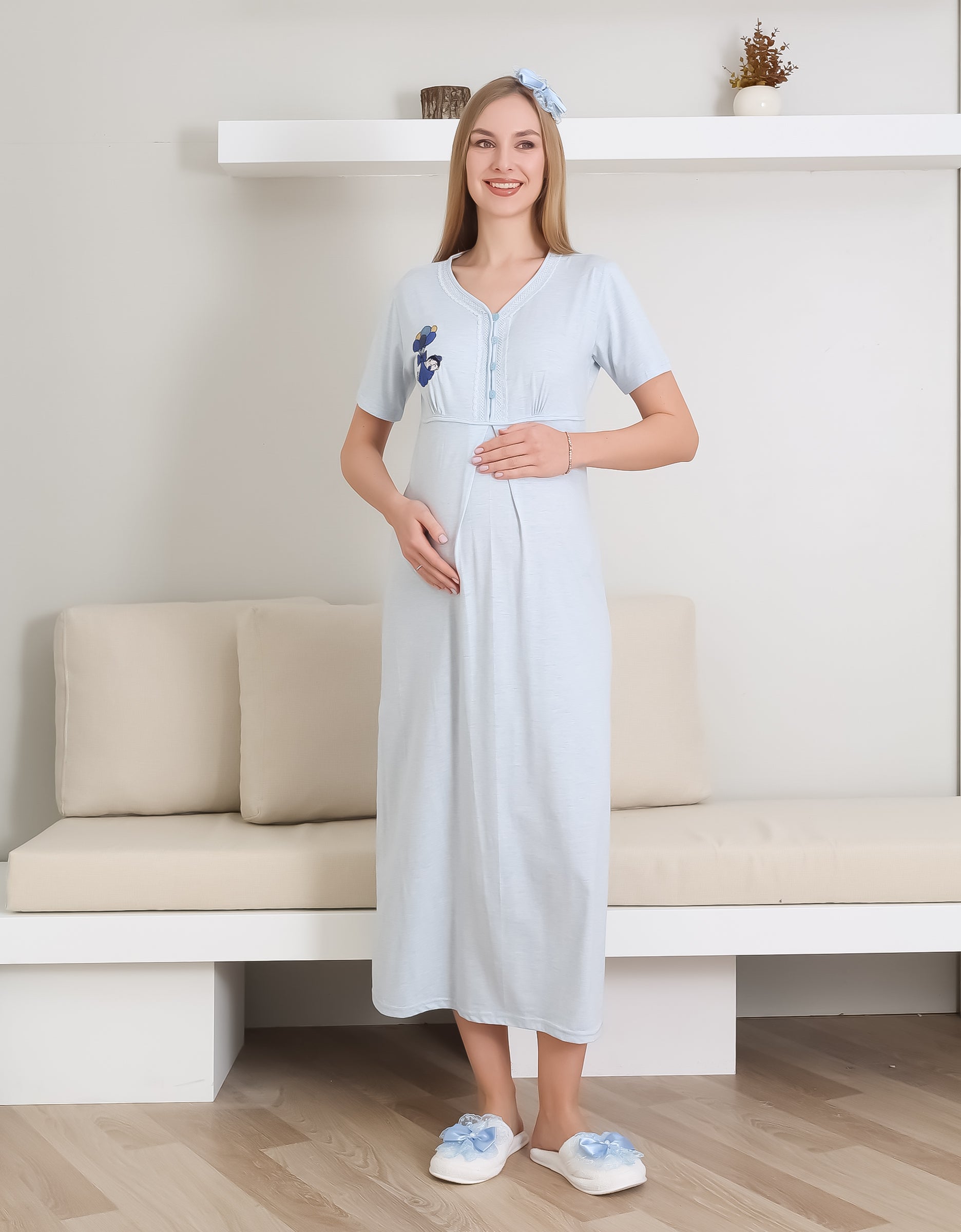 Hamile Gecelik, Pijama ve Sabahlıklı Takım 4'lü Set / Nakışlı Ve Düğmeli Yaka / Pamuklu Penye Kumaş 1172-2289
